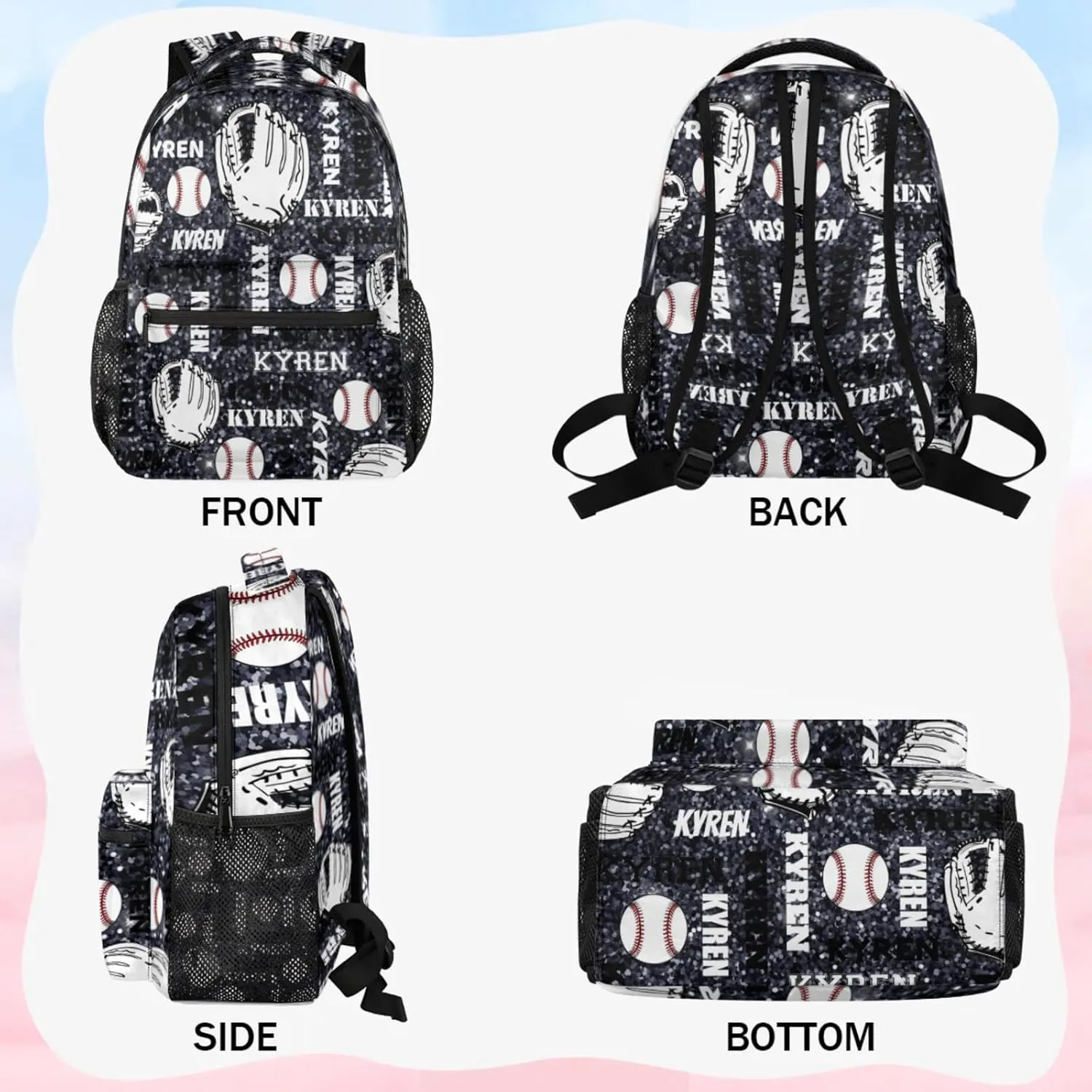 Personalized Baseball Backpack for Men Women, Custom Laptop Backpack with Name, Sports Bag Lightweight Daypack for Travel Hiking Camping, Dark Glitter