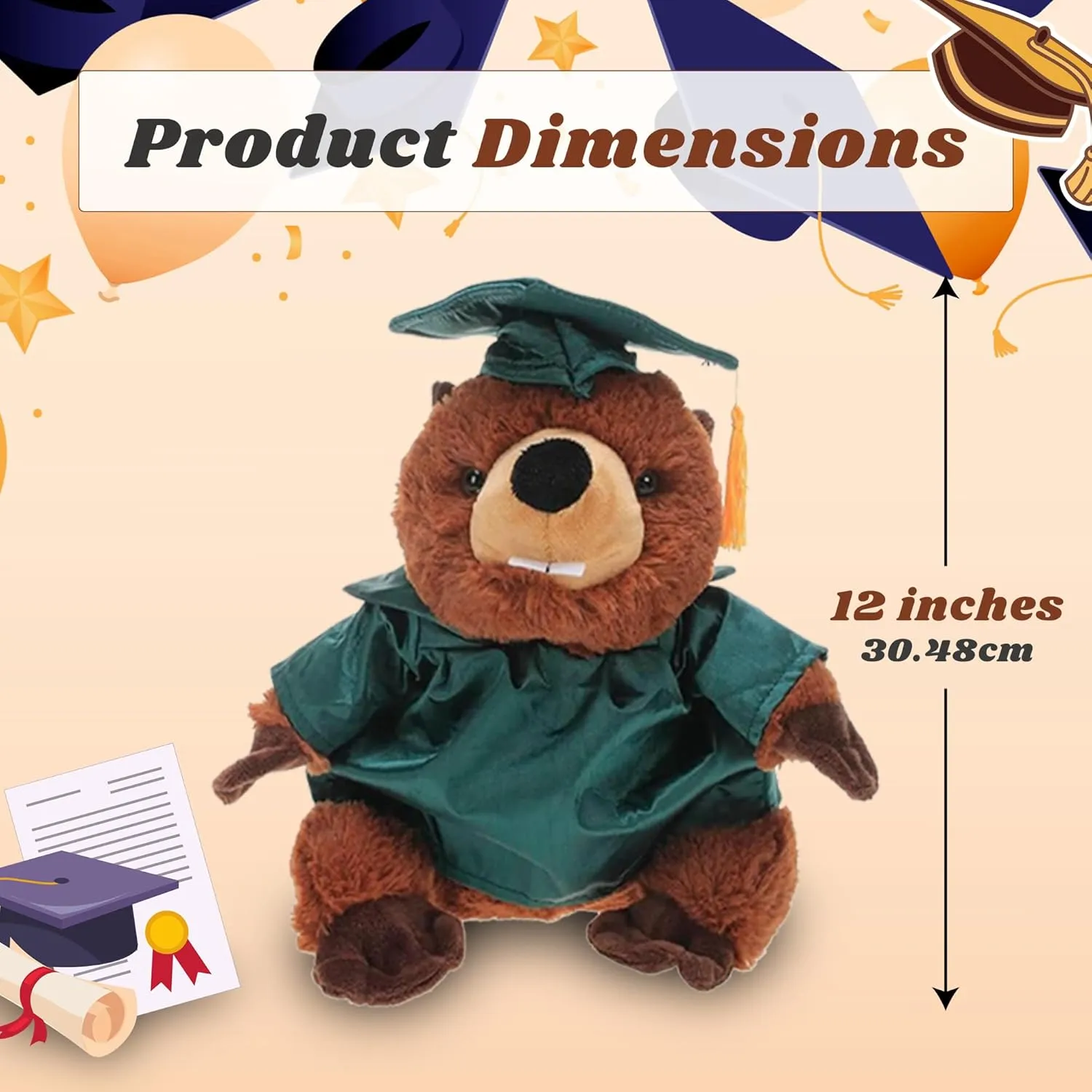 Personalized Beaver with Graduation Cap and Gown - Plush Stuffed Animal Toy 12 inch - Graduation Gift with Customized Text Name School Logo on Gown for Any Student (Green Cap & Gown)