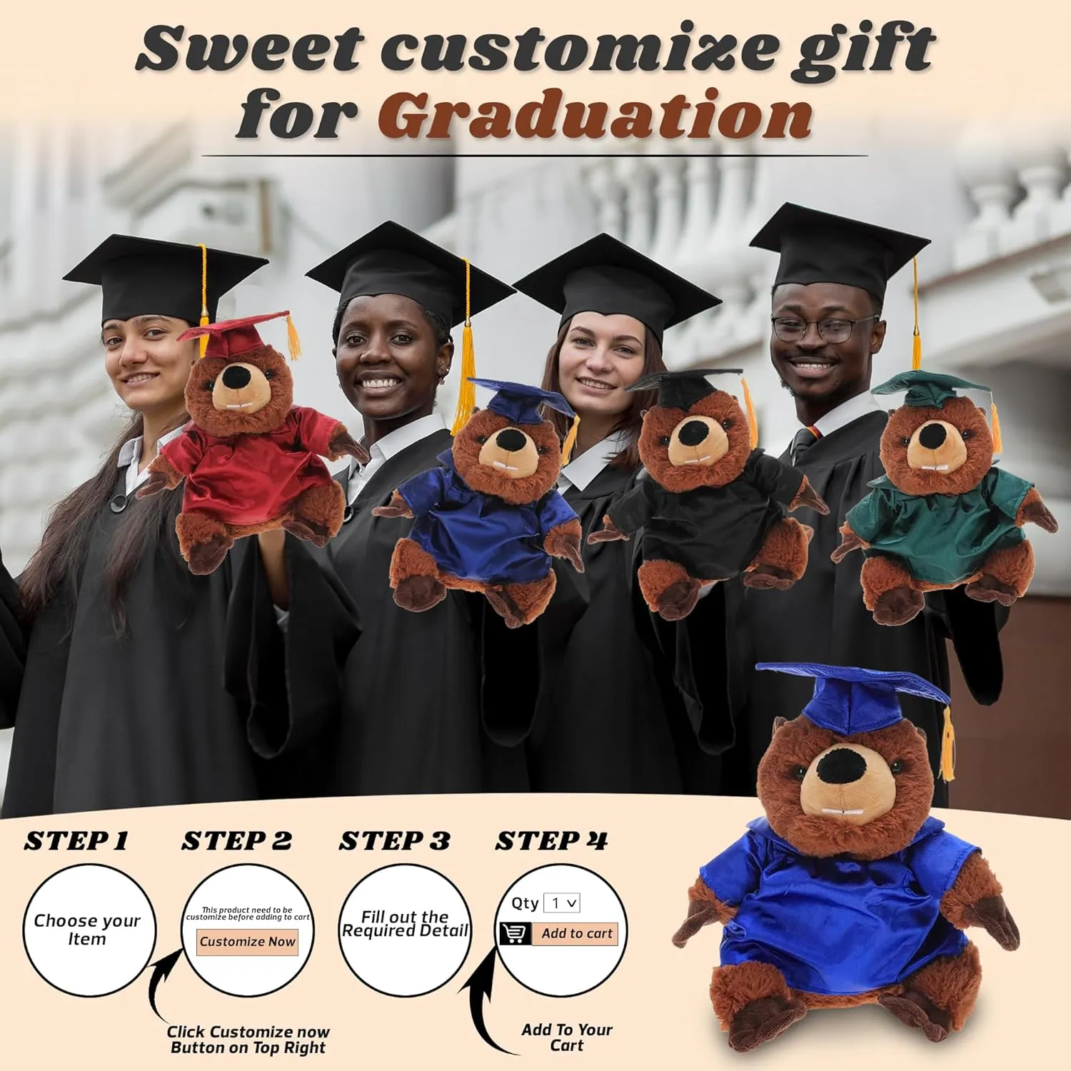 Personalized Beaver with Graduation Cap and Gown - Plush Stuffed Animal Toy 12 inch - Graduation Gift with Customized Text Name School Logo on Gown for Any Student (Green Cap & Gown)