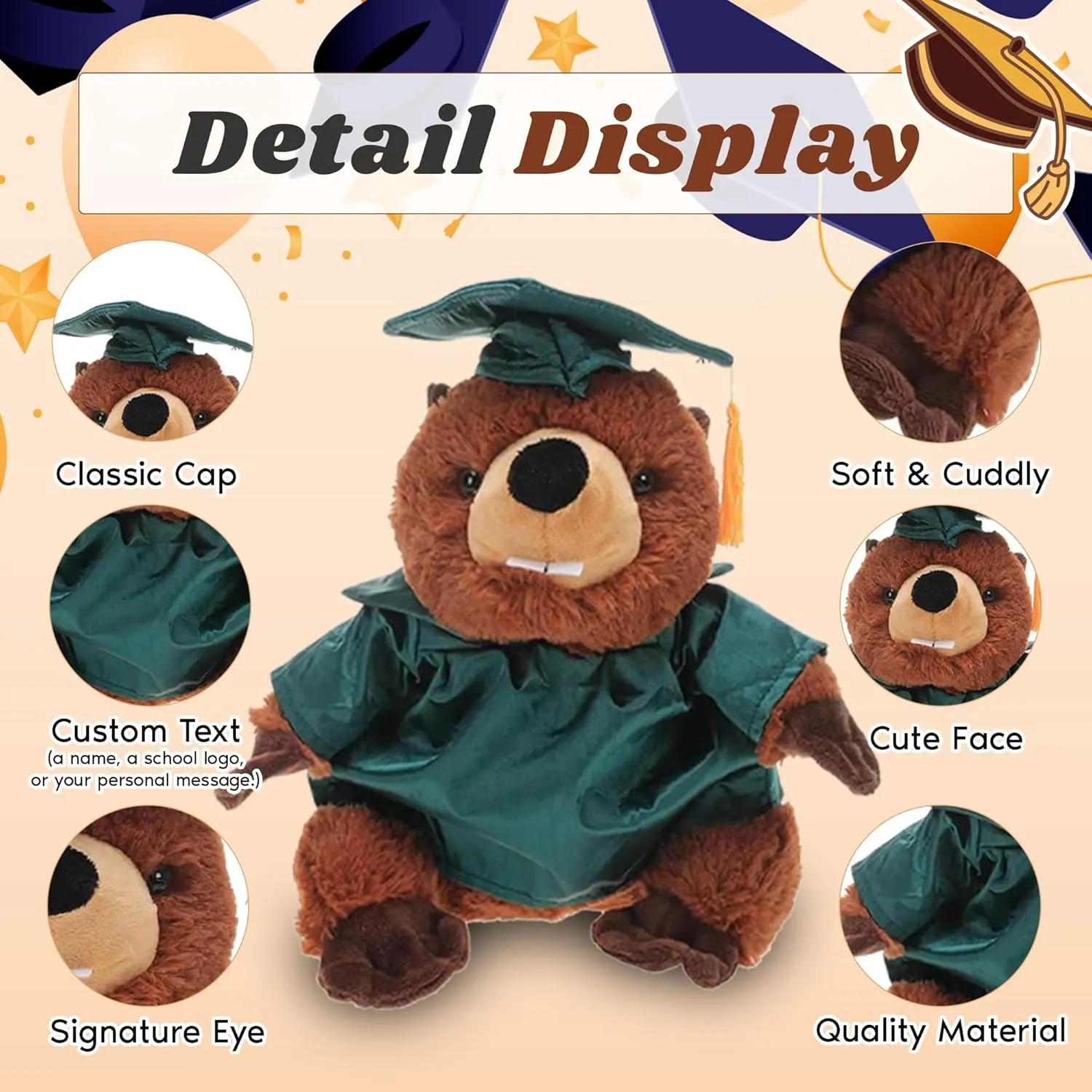 Personalized Beaver with Graduation Cap and Gown - Plush Stuffed Animal Toy 12 inch - Graduation Gift with Customized Text Name School Logo on Gown for Any Student (Green Cap & Gown)