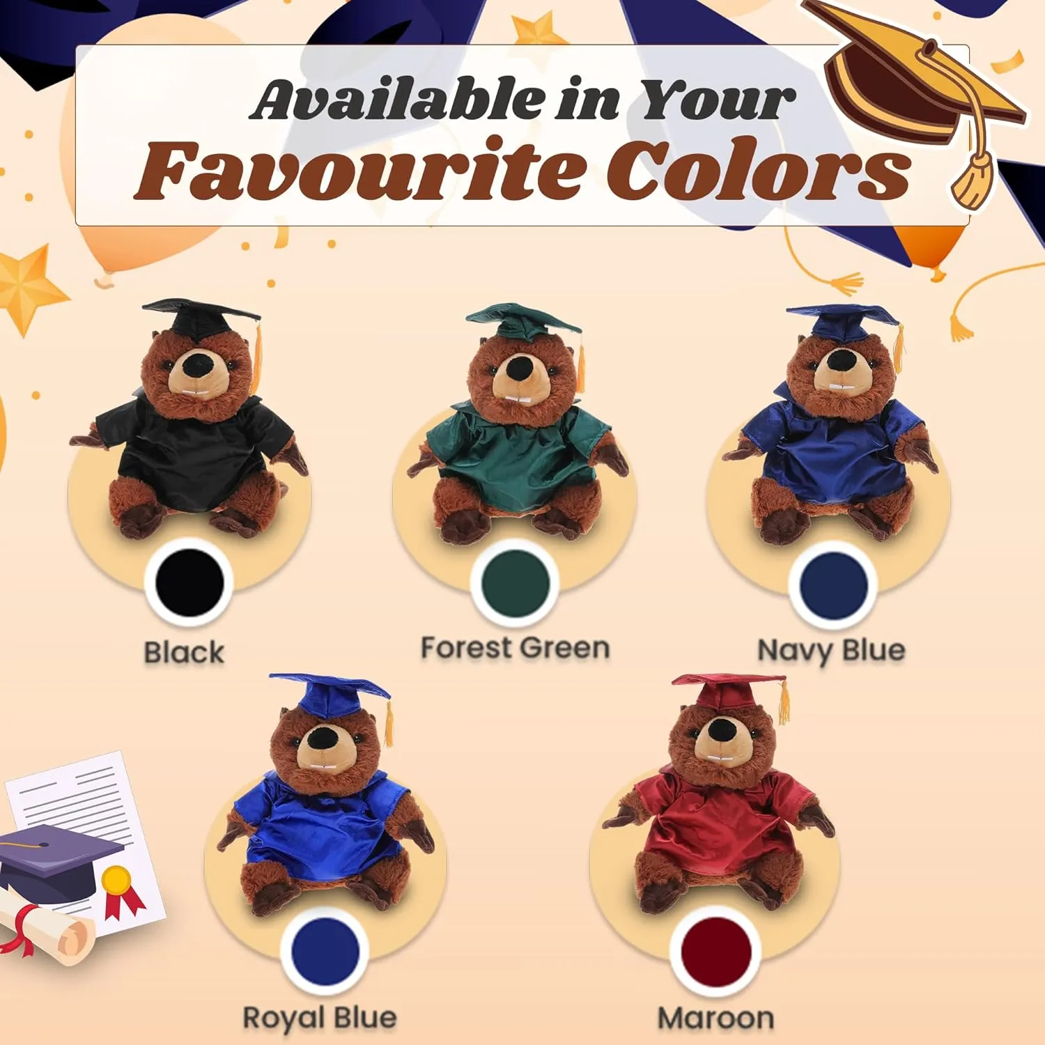 Personalized Beaver with Graduation Cap and Gown - Plush Stuffed Animal Toy 12 inch - Graduation Gift with Customized Text Name School Logo on Gown for Any Student (Green Cap & Gown)
