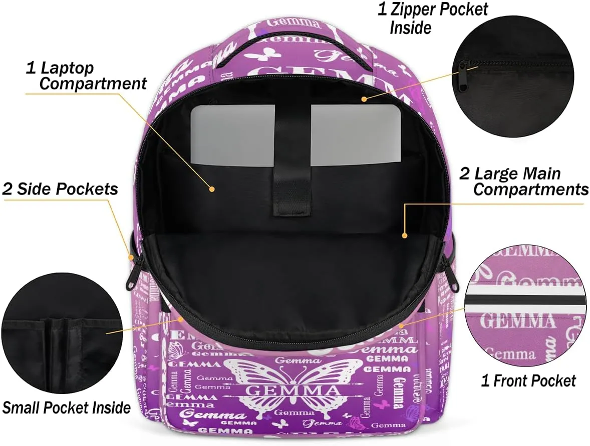 Personalized Butterfly Backpack with Name Large Customized Shoulder Laptop Bag for Women Men Waterproof Casual Daypack Laptop Bag 16.1in, Pink Purple