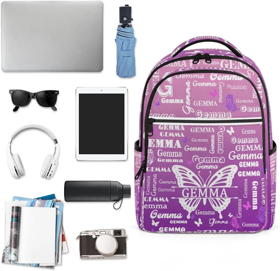 Personalized Butterfly Backpack with Name Large Customized Shoulder Laptop Bag for Women Men Waterproof Casual Daypack Laptop Bag 16.1in, Pink Purple