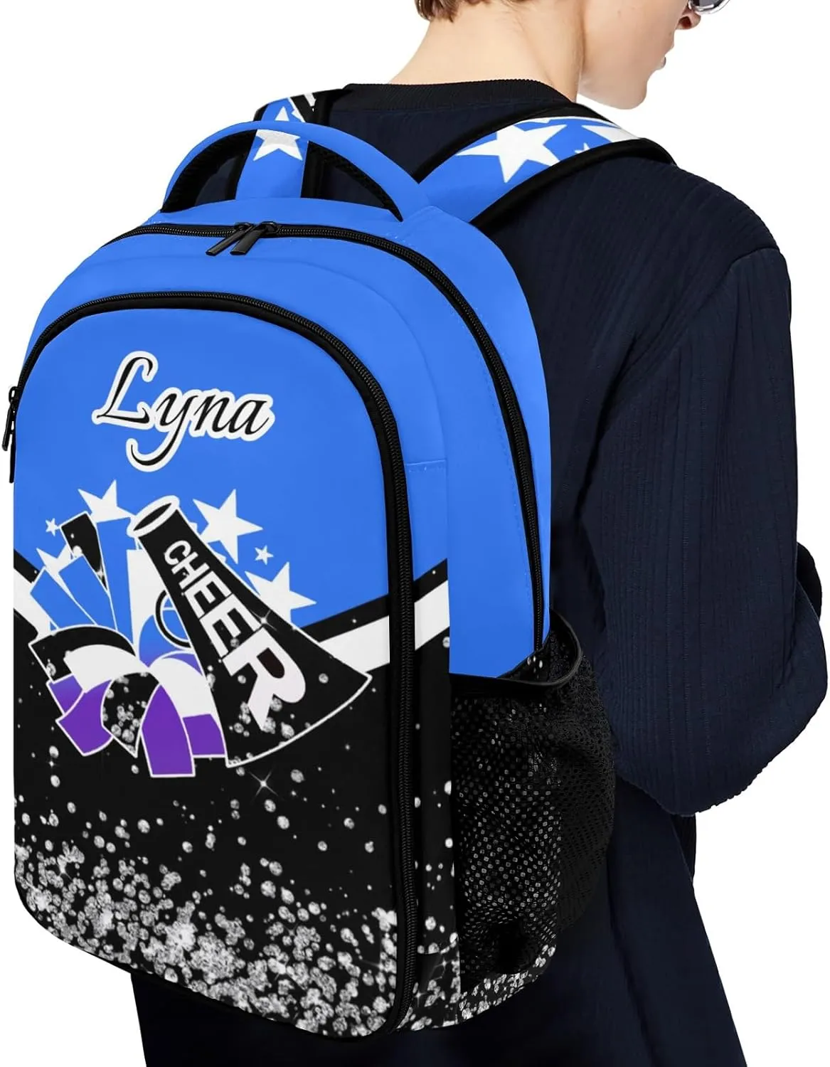 Personalized Cheerleading Backpack for Kids Boys Girls, Customized Cheer School Backpack Casual Daypack Schoolbag for Student Bookbag with Name (Blue Violet)