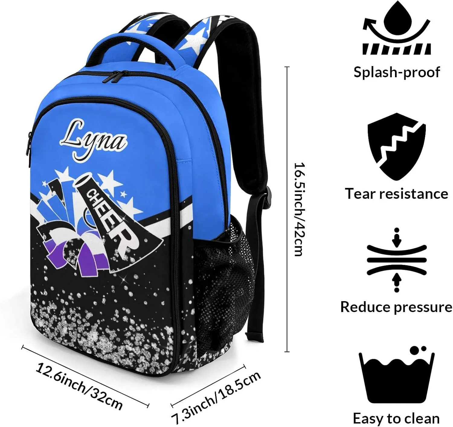 Personalized Cheerleading Backpack for Kids Boys Girls, Customized Cheer School Backpack Casual Daypack Schoolbag for Student Bookbag with Name (Blue Violet)