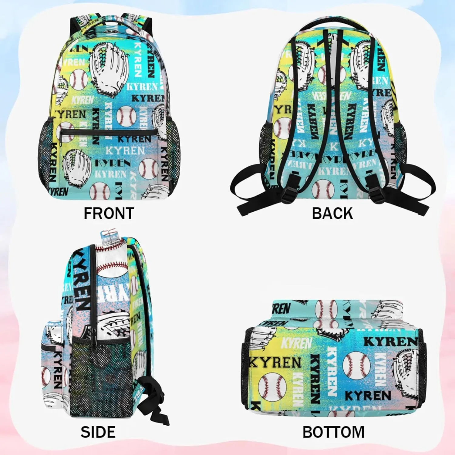 Personalized Name Baseball Backpack for Men Women, Custom Laptop Backpack with Name, Sports Bag Lightweight Daypack for Travel Camping, Blue Yellow Pinks