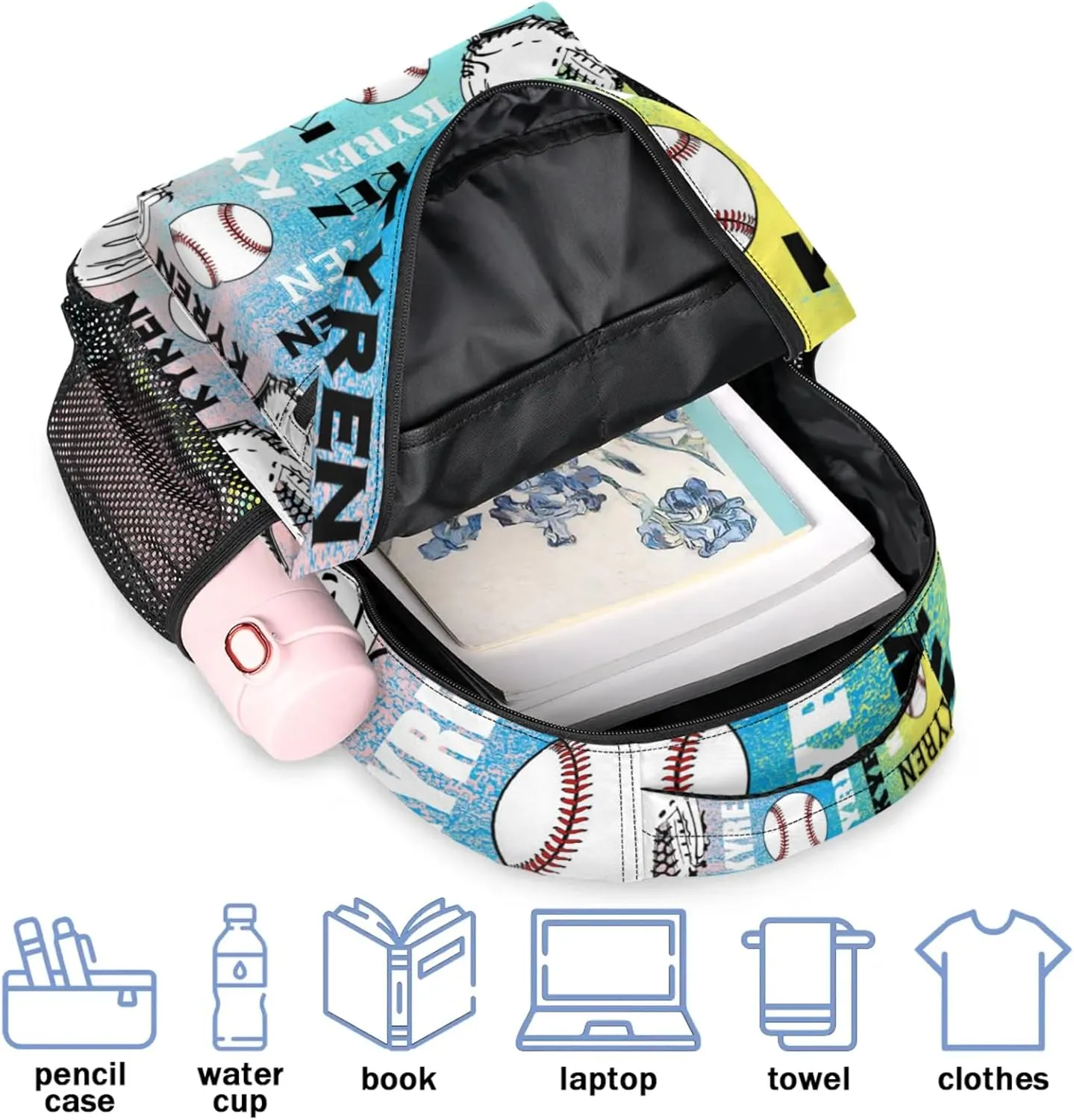 Personalized Name Baseball Backpack for Men Women, Custom Laptop Backpack with Name, Sports Bag Lightweight Daypack for Travel Camping, Blue Yellow Pinks