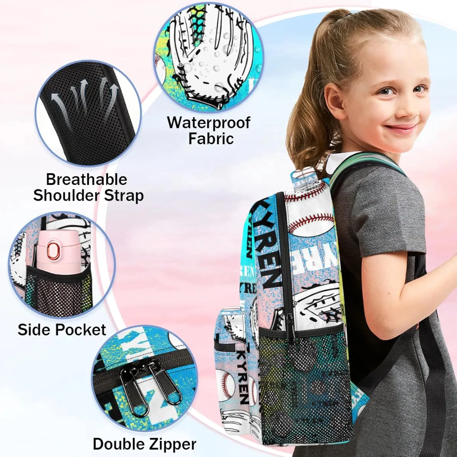 Personalized Name Baseball Backpack for Men Women, Custom Laptop Backpack with Name, Sports Bag Lightweight Daypack for Travel Camping, Blue Yellow Pinks