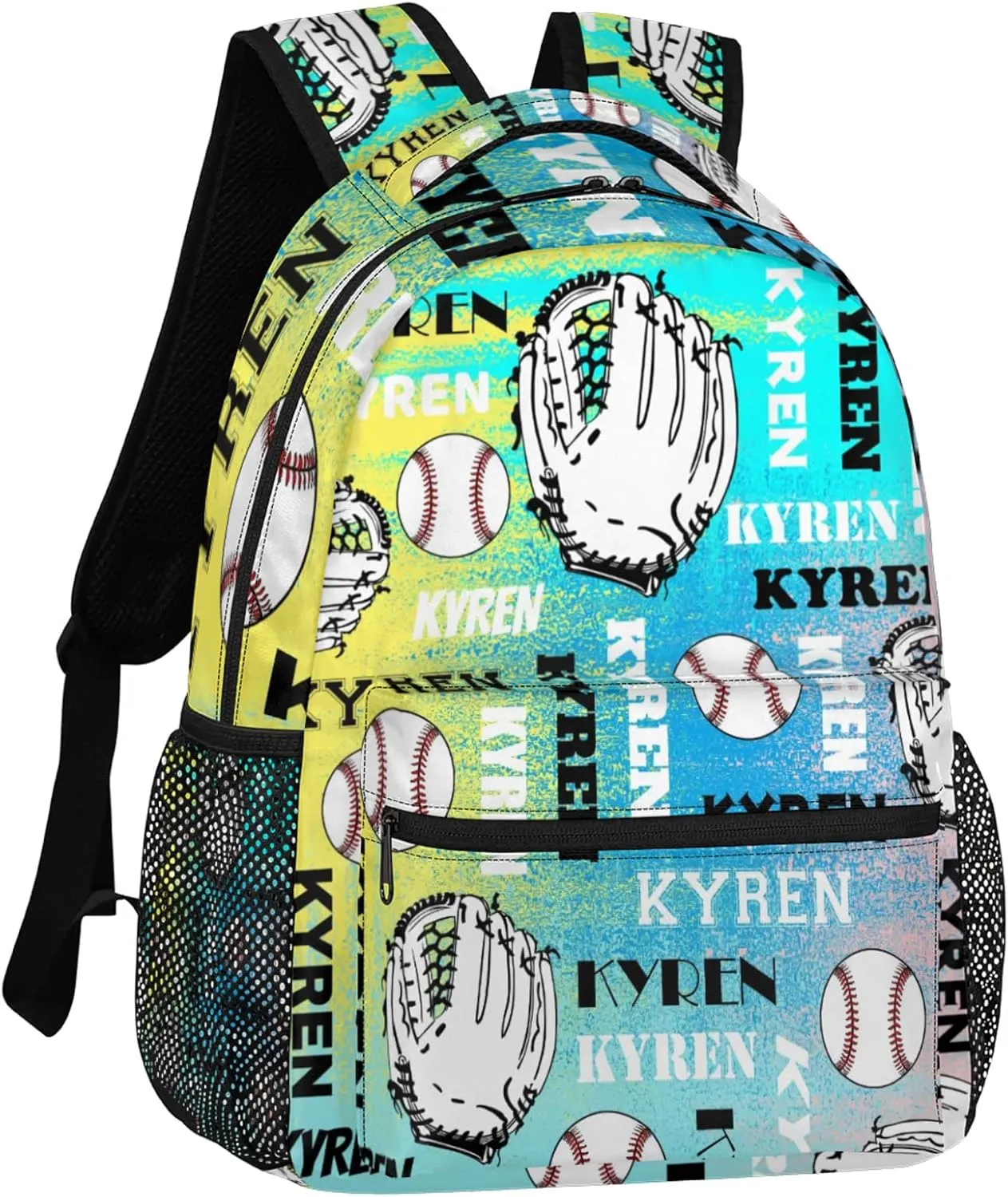 Personalized Name Baseball Backpack for Men Women, Custom Laptop Backpack with Name, Sports Bag Lightweight Daypack for Travel Camping, Blue Yellow Pinks
