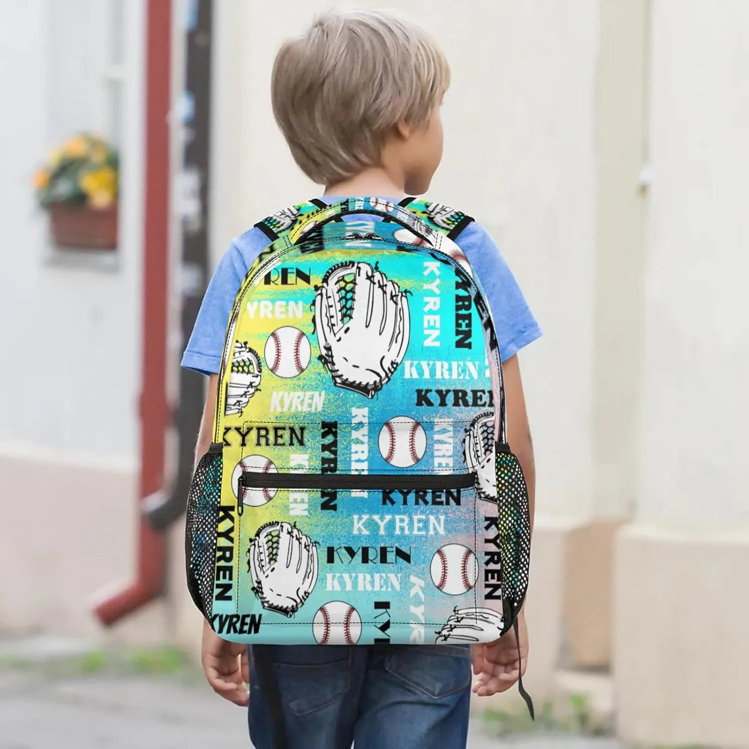 Personalized Name Baseball Backpack for Men Women, Custom Laptop Backpack with Name, Sports Bag Lightweight Daypack for Travel Camping, Blue Yellow Pinks