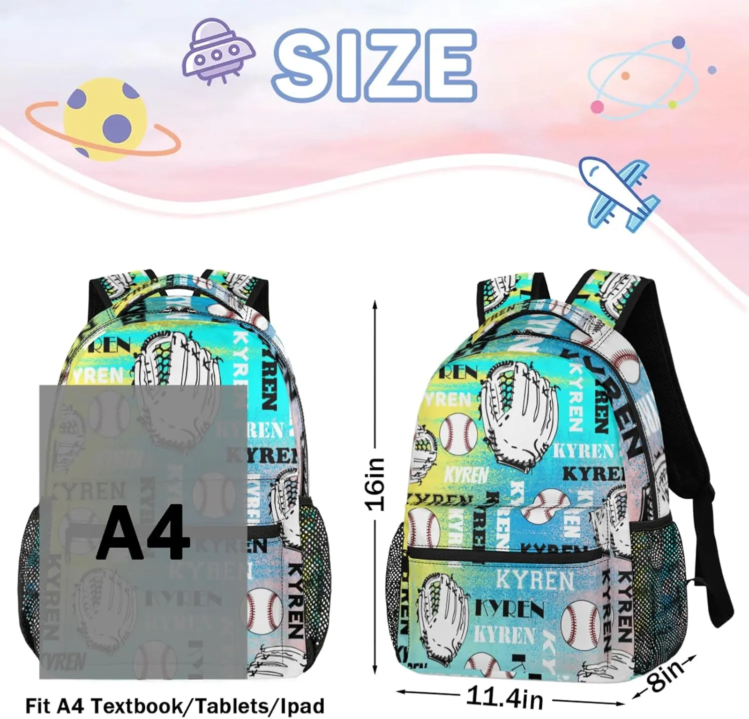Personalized Name Baseball Backpack for Men Women, Custom Laptop Backpack with Name, Sports Bag Lightweight Daypack for Travel Camping, Blue Yellow Pinks