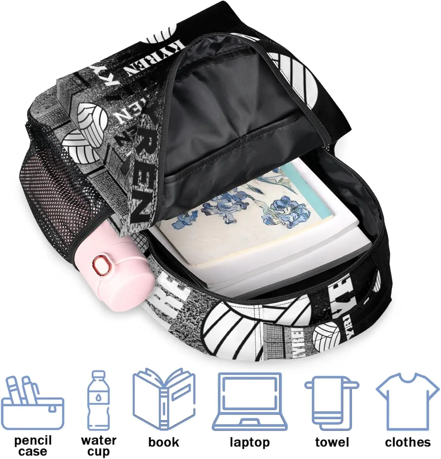 Personalized Name Volleyball Backpack, Custom Sports Bag Backpack for Men Women, Laptop Backpacks Travel Camping Daypack, Black Gray