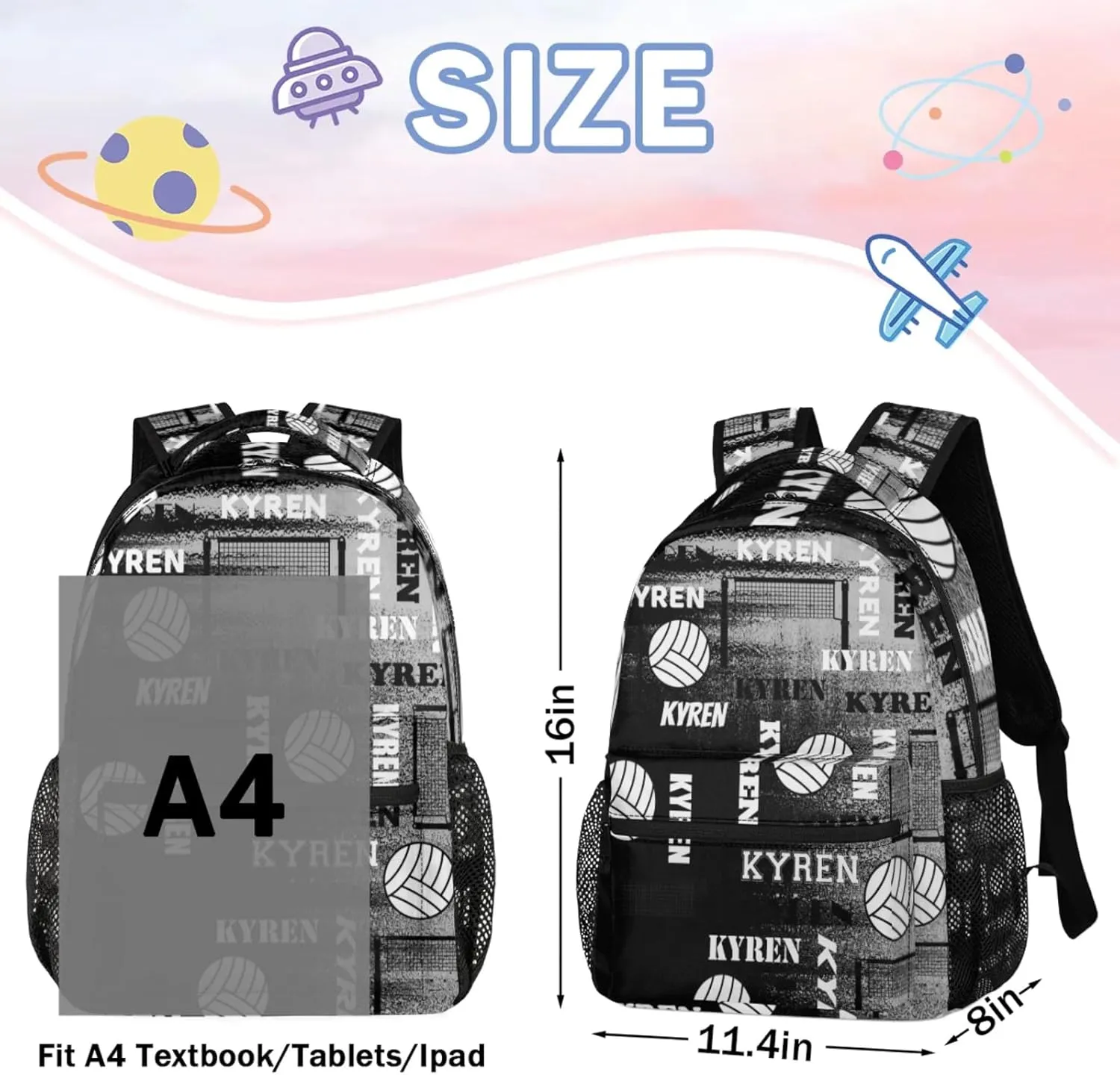 Personalized Name Volleyball Backpack, Custom Sports Bag Backpack for Men Women, Laptop Backpacks Travel Camping Daypack, Black Gray