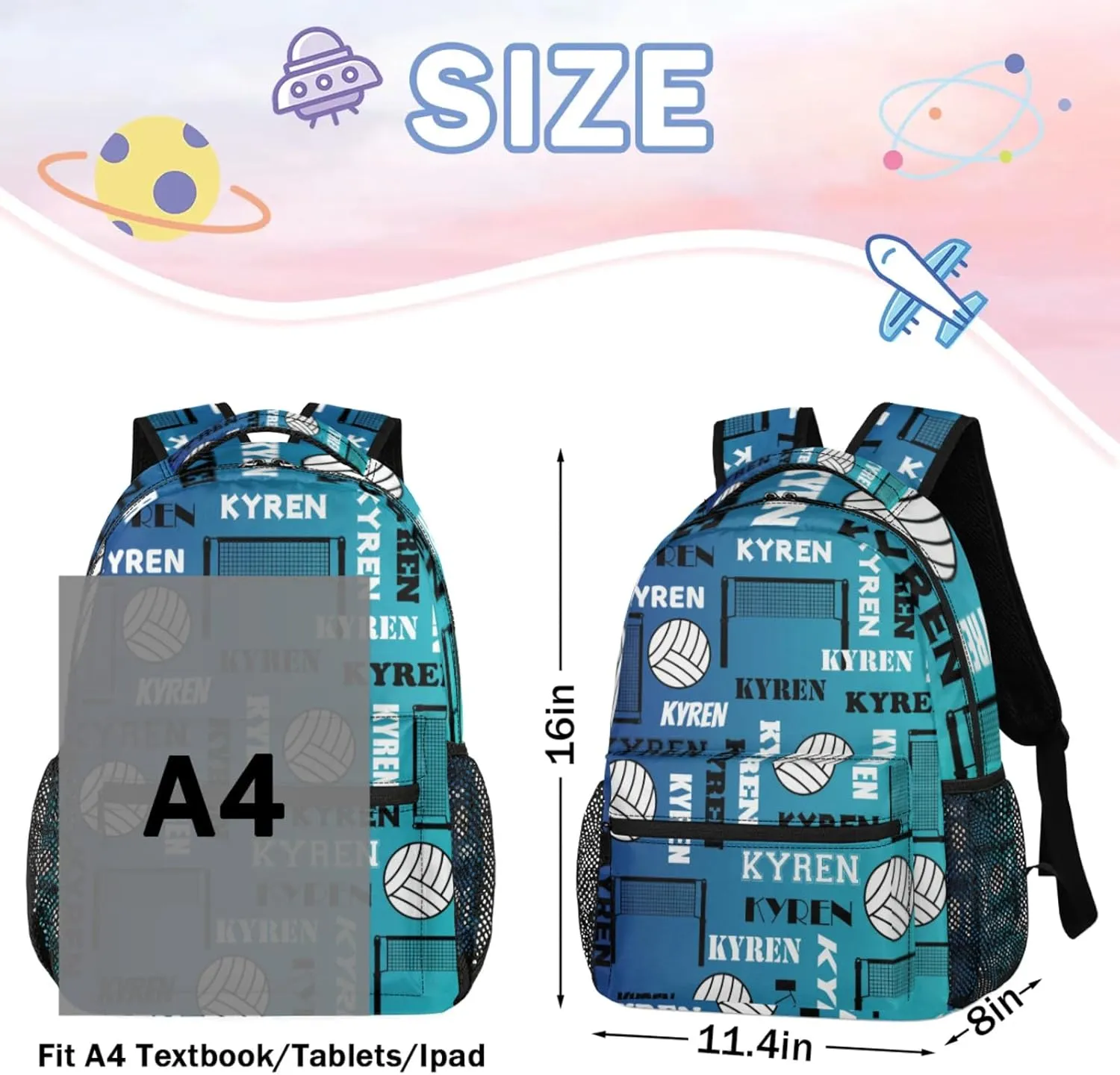 Personalized Name Volleyball Backpack, Custom Sports Bag Backpack for Men Women, Laptop Daypack for Travel Camping Hiking, Blue