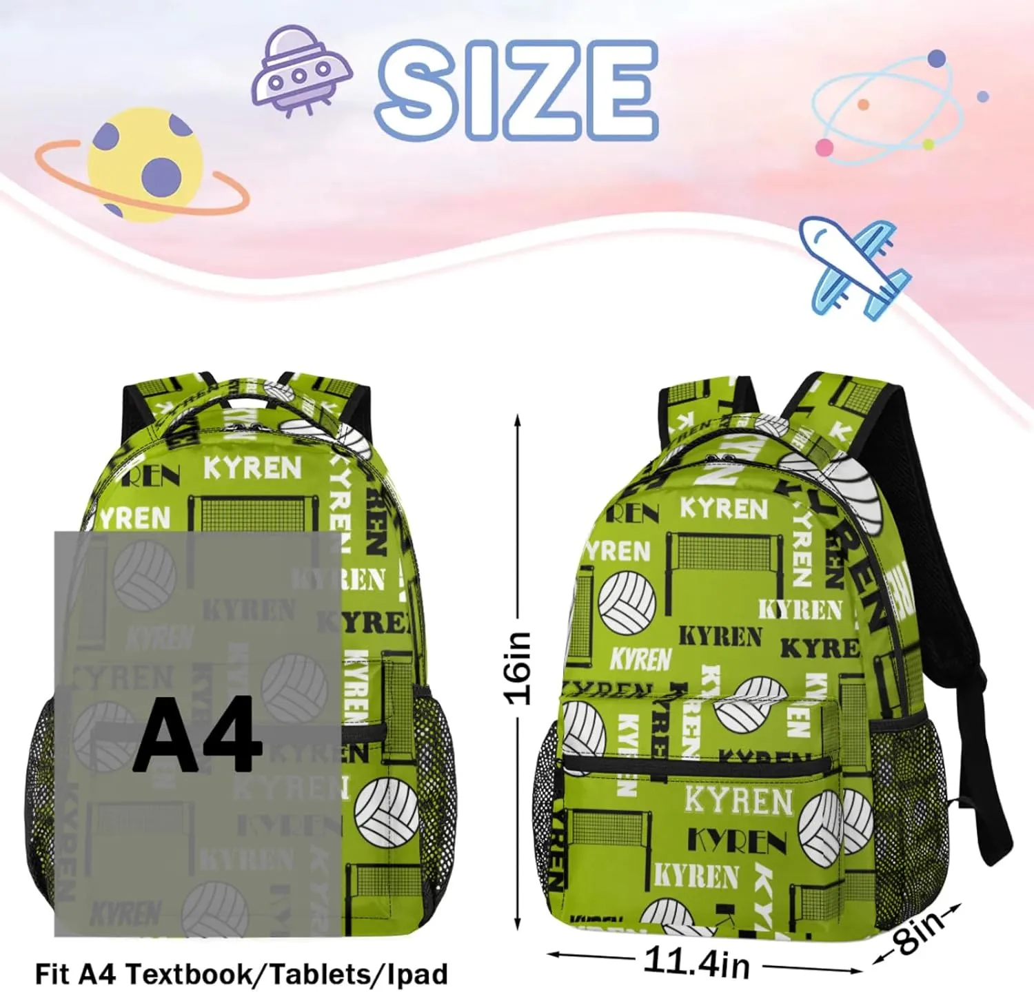 Personalized Name Volleyball Backpack, Custom Sports Bag Backpack for Men Women, Laptop Daypack for Travel Camping Hiking, Green Yellow