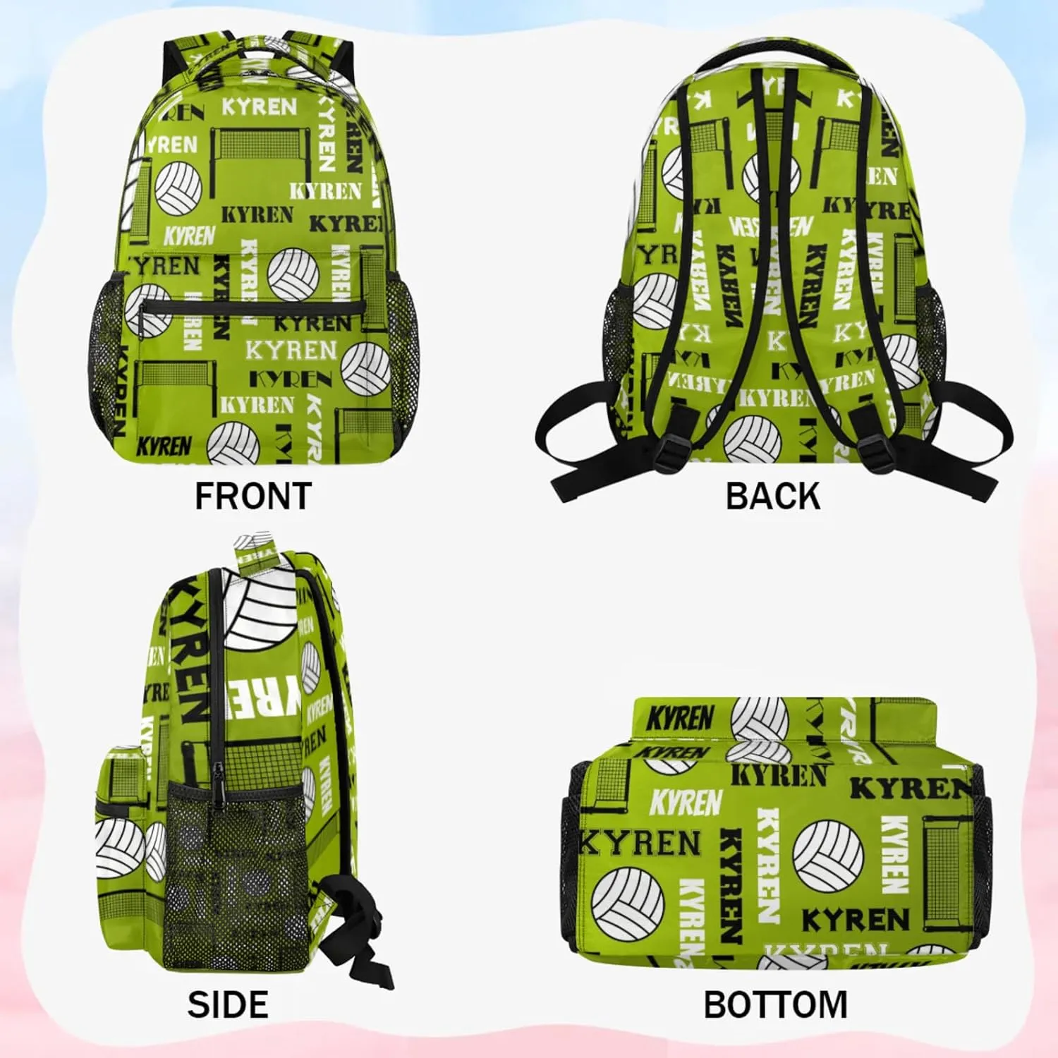 Personalized Name Volleyball Backpack, Custom Sports Bag Backpack for Men Women, Laptop Daypack for Travel Camping Hiking, Green Yellow