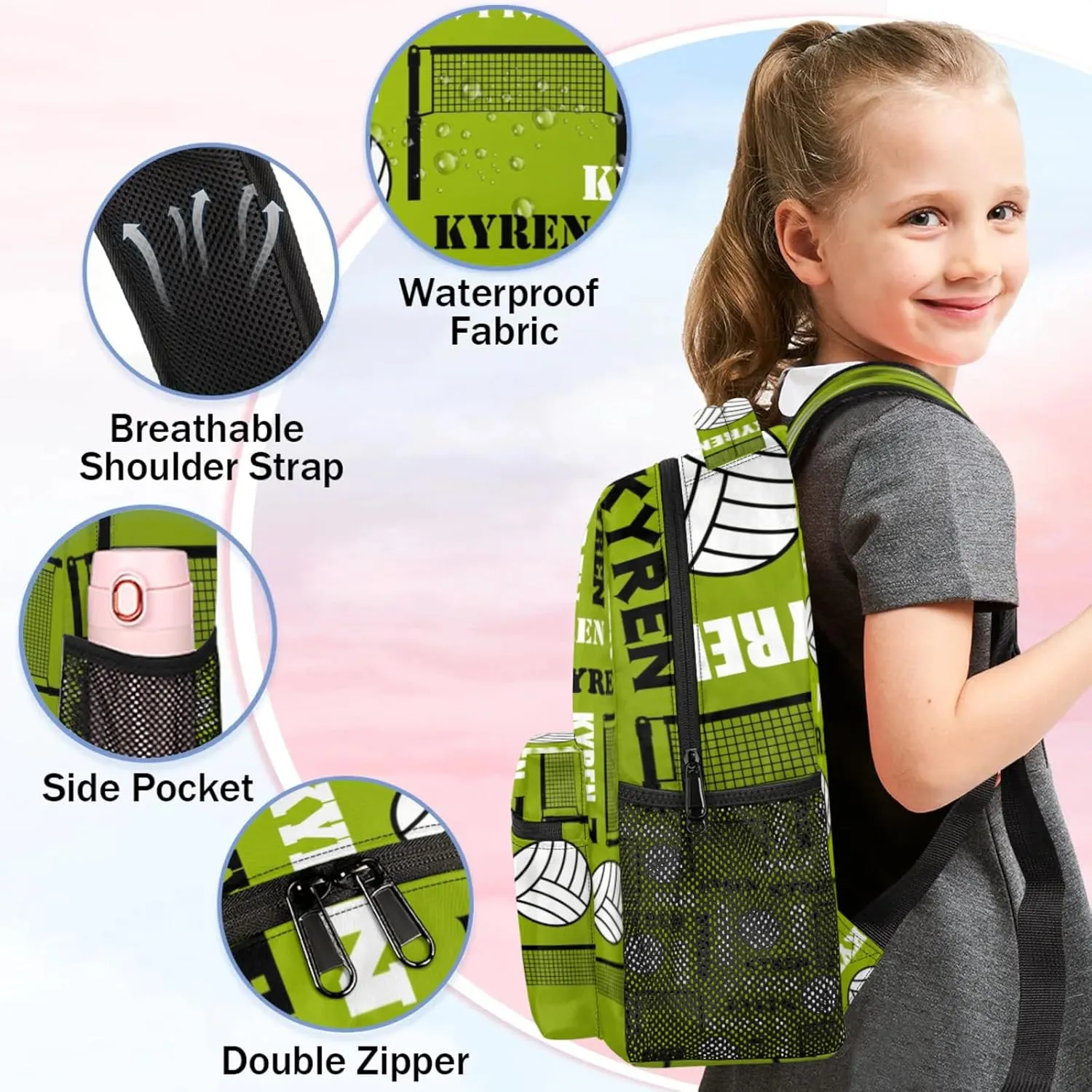Personalized Name Volleyball Backpack, Custom Sports Bag Backpack for Men Women, Laptop Daypack for Travel Camping Hiking, Green Yellow