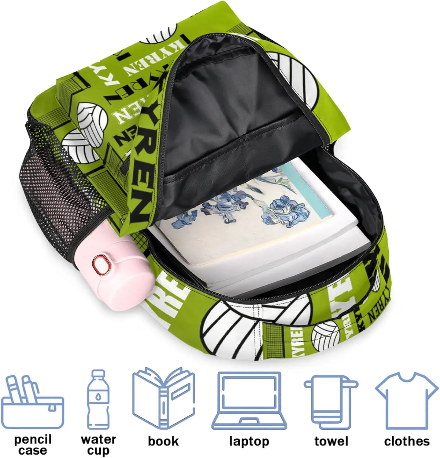 Personalized Name Volleyball Backpack, Custom Sports Bag Backpack for Men Women, Laptop Daypack for Travel Camping Hiking, Green Yellow