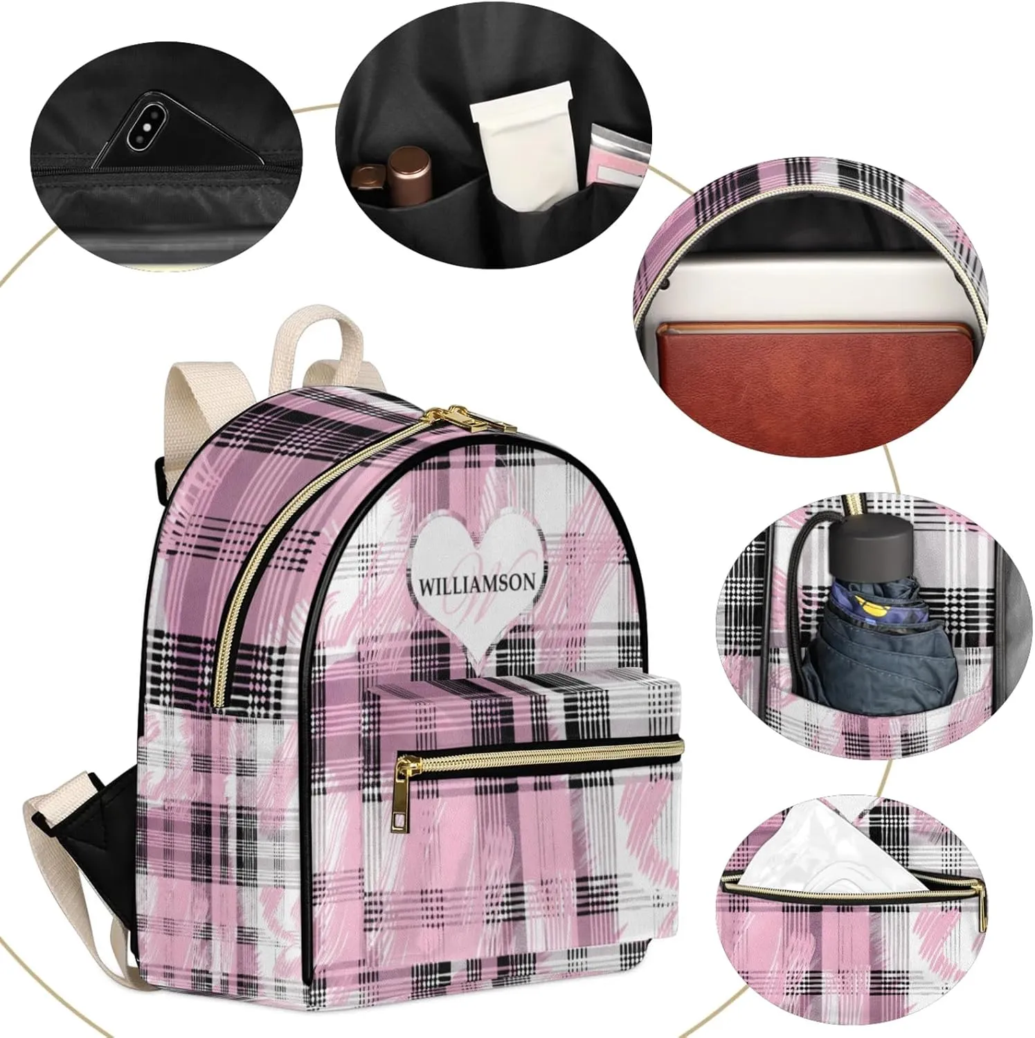 Personalized with Name Small Leather Backpack for Women,Back Pack Purses Mini Ladies Shoulder Bags Casual Daily Travel Small Diaper Bag Fashion Custom Gift Backpacks,Pink Grid