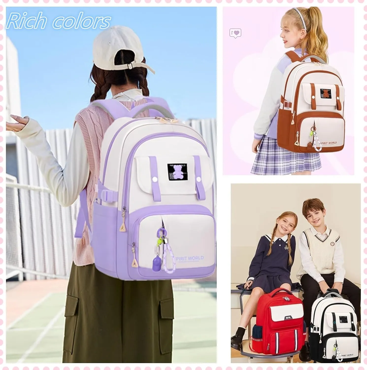 Pink Backpack for Teen Girls Laptop Bookbag with Anti-Theft Back Pocket Kids School Bag for Elementary Middle High School