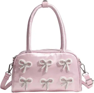 Pink Handbag with Bow, Fashion Crossbody Bag for Women, Shoulder Bag with Detachable Shoulder Strap and Adjustable
