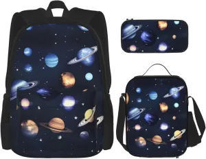 Planets Stars And Milky Way Galaxy Print Comfortable Adjustable Shoulder Casual Fashion Backpack Lunch Bag Pencil Case