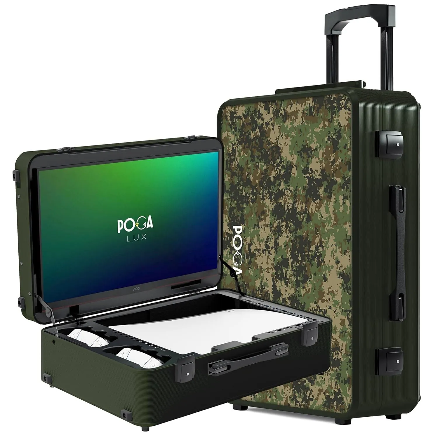 POGA LUX PlayStation 5 Premium Portable Console Travel Case incl. Trolley and 24‘‘ AOC Gaming Monitor - (V3 - Bluetooth Speaker Optional) Camouflage