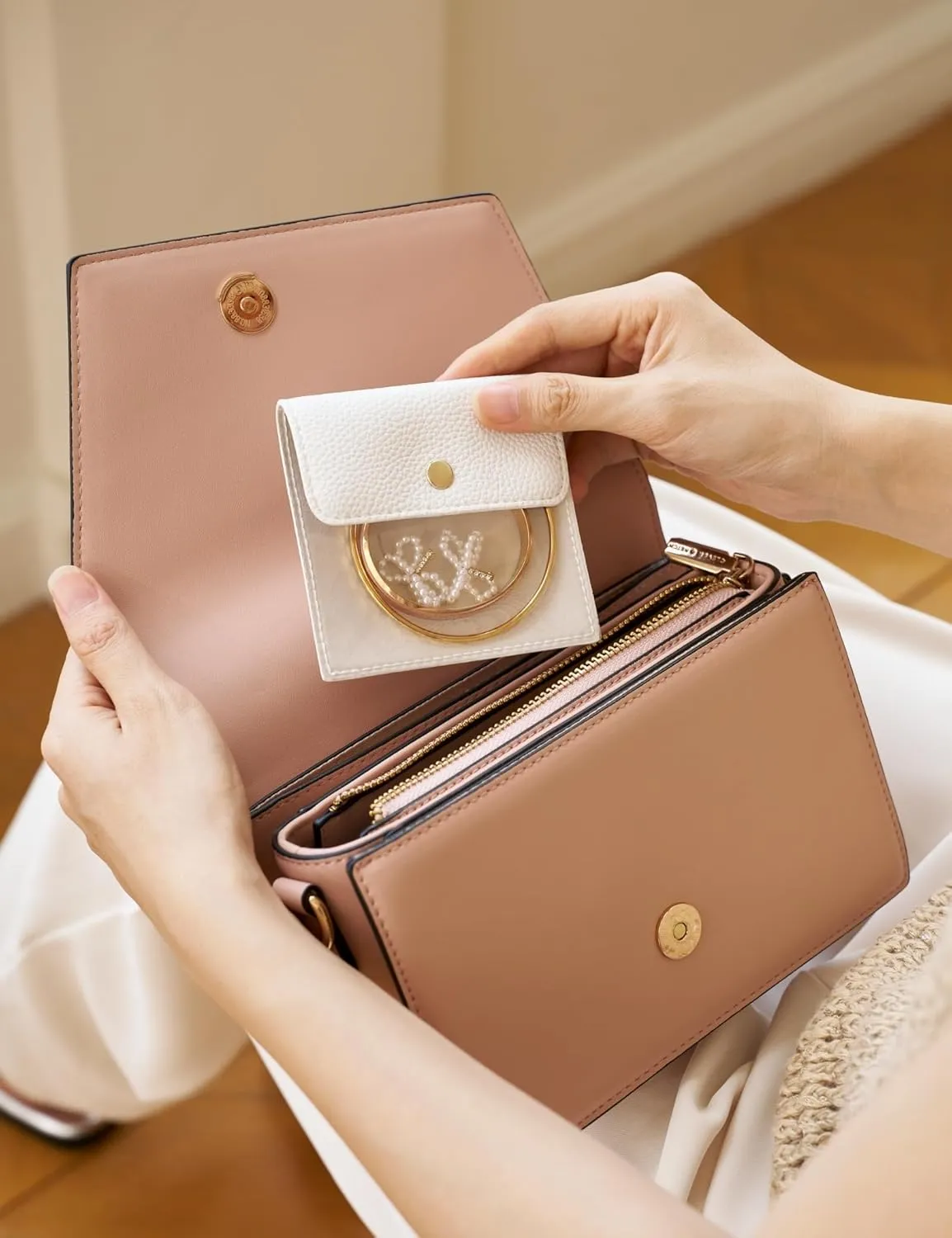 Popvibe Travel Jewelry Case Organizer Small Jewelry Box for Women with 6 Jewelry Mini Pouch, Portable Traveling Jewelry Holder Bag for Earring Necklace, White