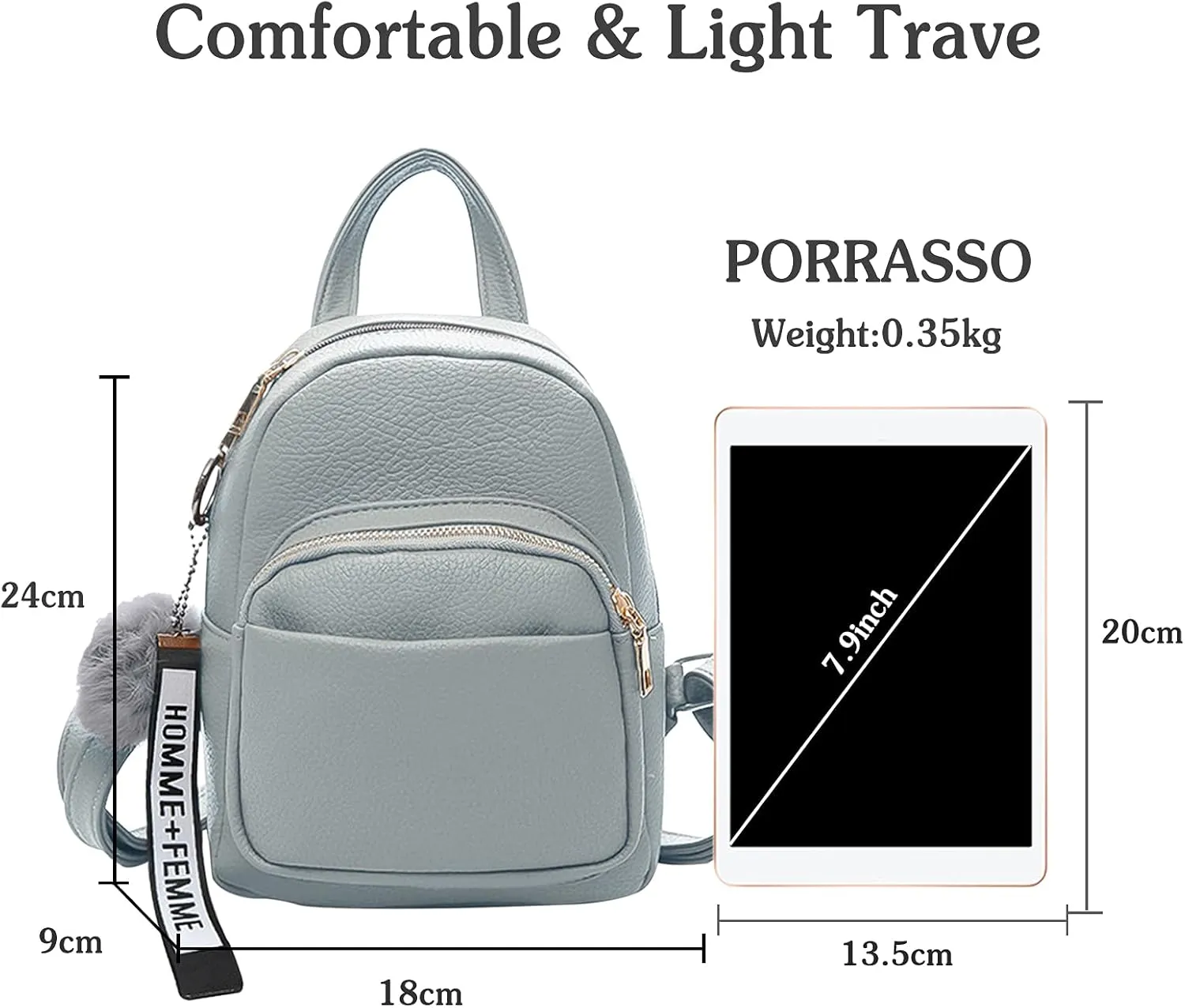PORRASSO Fashion Mini Backpack Ladies Daypack Small Rucksack with Pompom Women PU Leather Backpack Purse for Travel Dating Shopping Light Grey