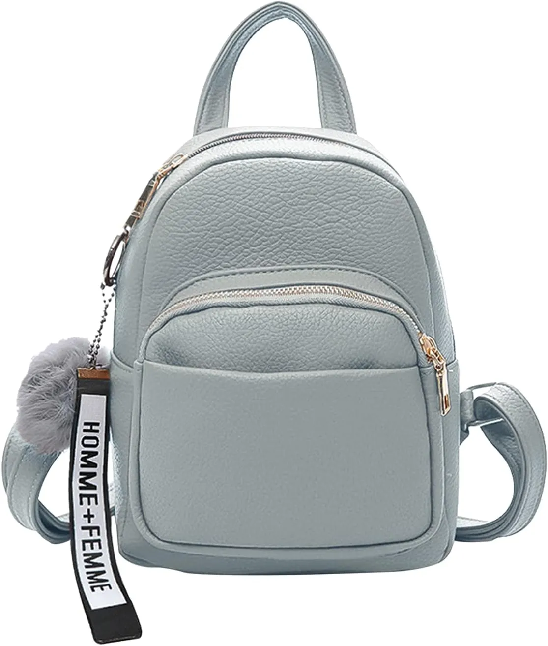 PORRASSO Fashion Mini Backpack Ladies Daypack Small Rucksack with Pompom Women PU Leather Backpack Purse for Travel Dating Shopping Light Grey