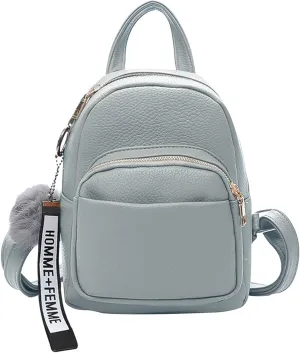 PORRASSO Fashion Mini Backpack Ladies Daypack Small Rucksack with Pompom Women PU Leather Backpack Purse for Travel Dating Shopping Light Grey