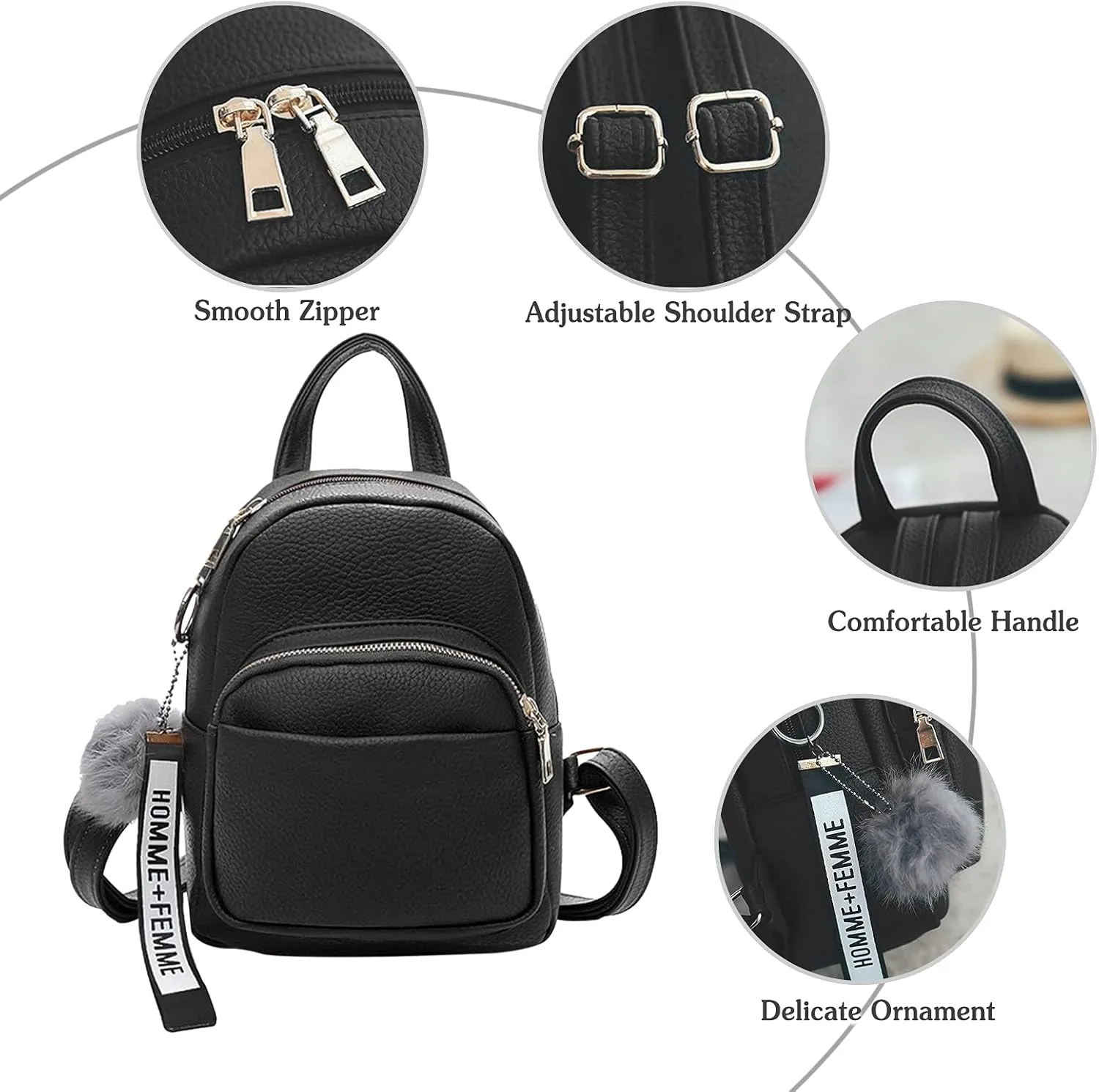 PORRASSO Fashion Mini Backpack Ladies Daypack Small Rucksack with Pompom Women PU Leather Backpack Purse for Travel Dating Shopping Light Grey