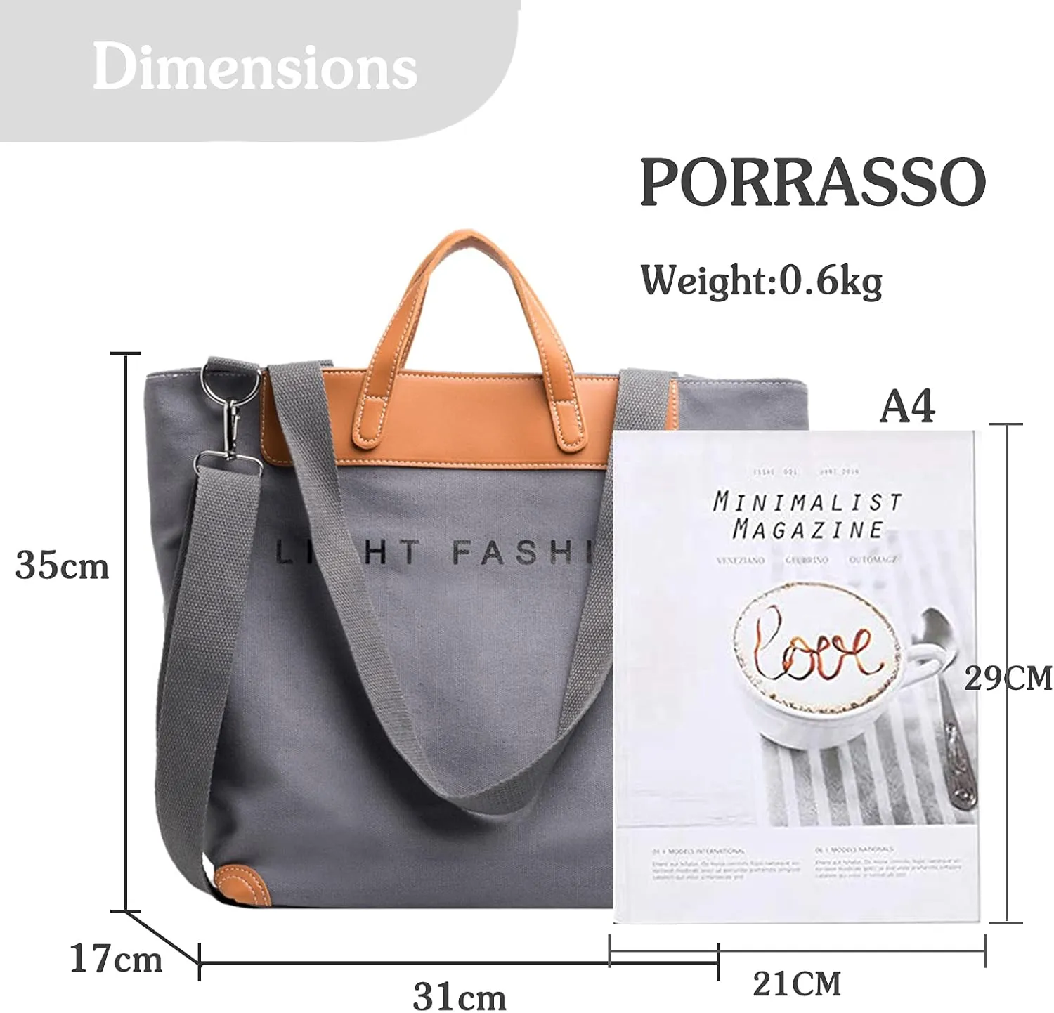 PORRASSO Women Shoulder Bag Casual Handbag Ladies Large Crossbody Bag Canvas