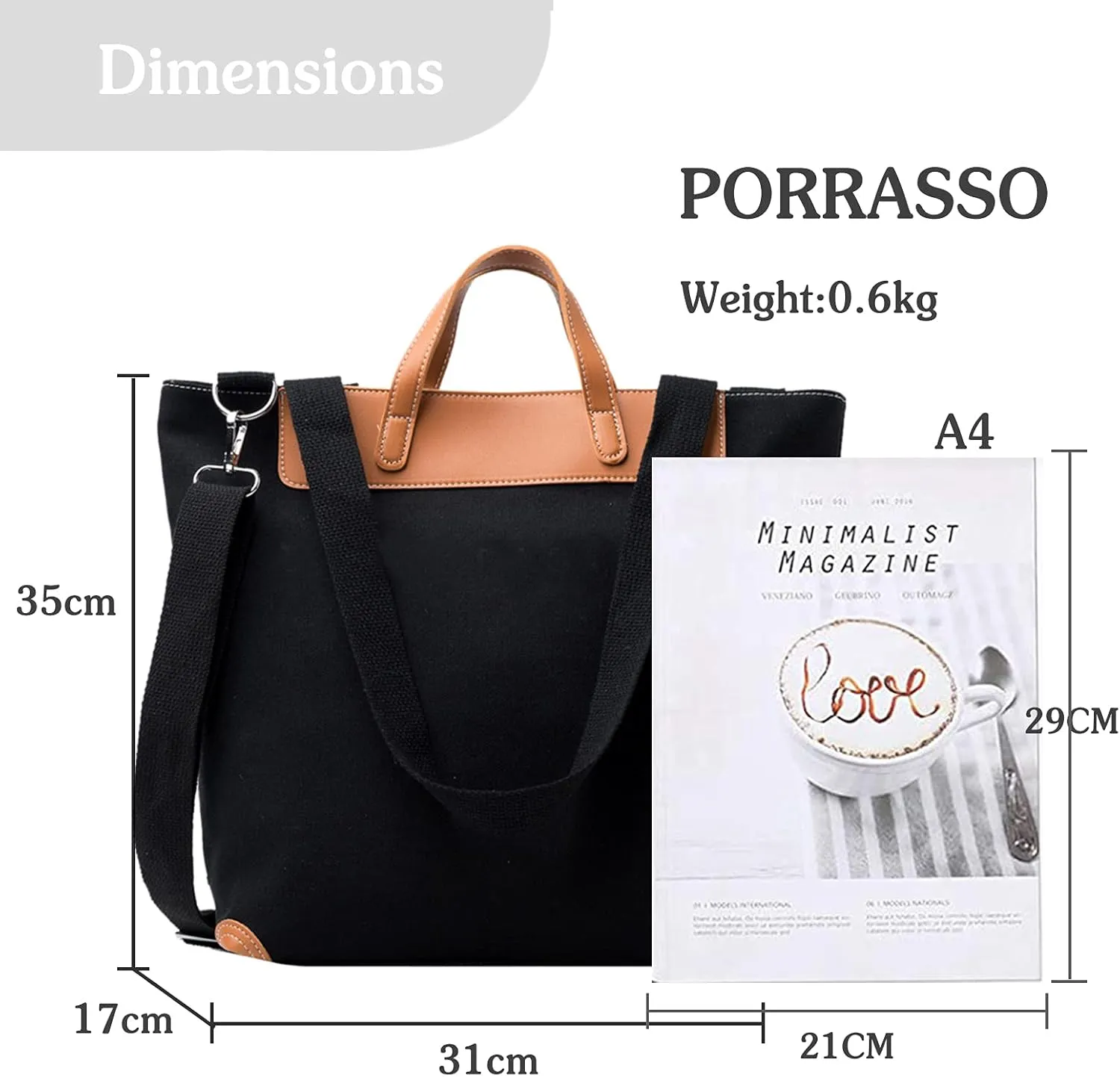 PORRASSO Women Shoulder Bag Casual Handbag Ladies Large Crossbody Bag Canvas