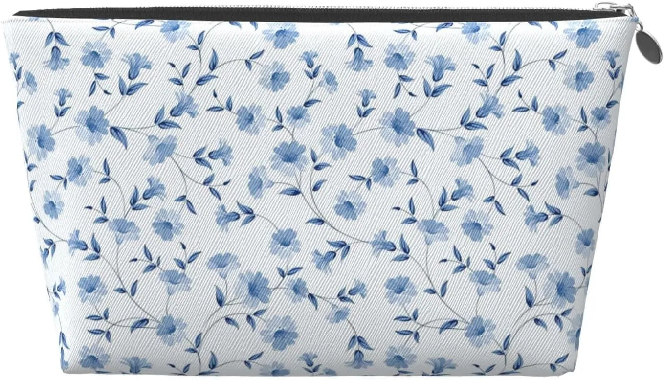 Portable Cosmetic Bag, Travel Zipper Pouch Small Makeup Bag Toiletry Organizer for Women - Blue Flowers