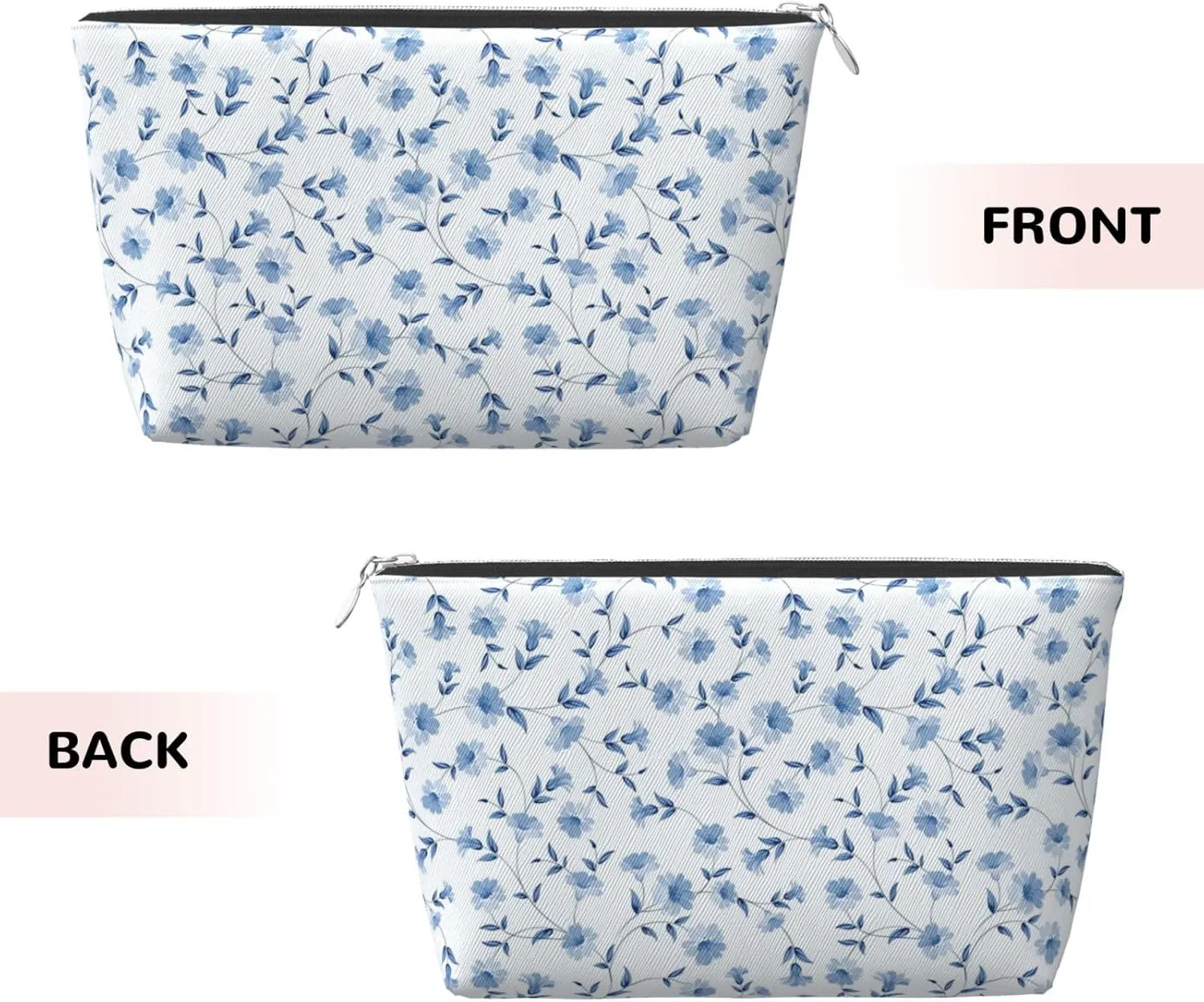Portable Cosmetic Bag, Travel Zipper Pouch Small Makeup Bag Toiletry Organizer for Women - Blue Flowers