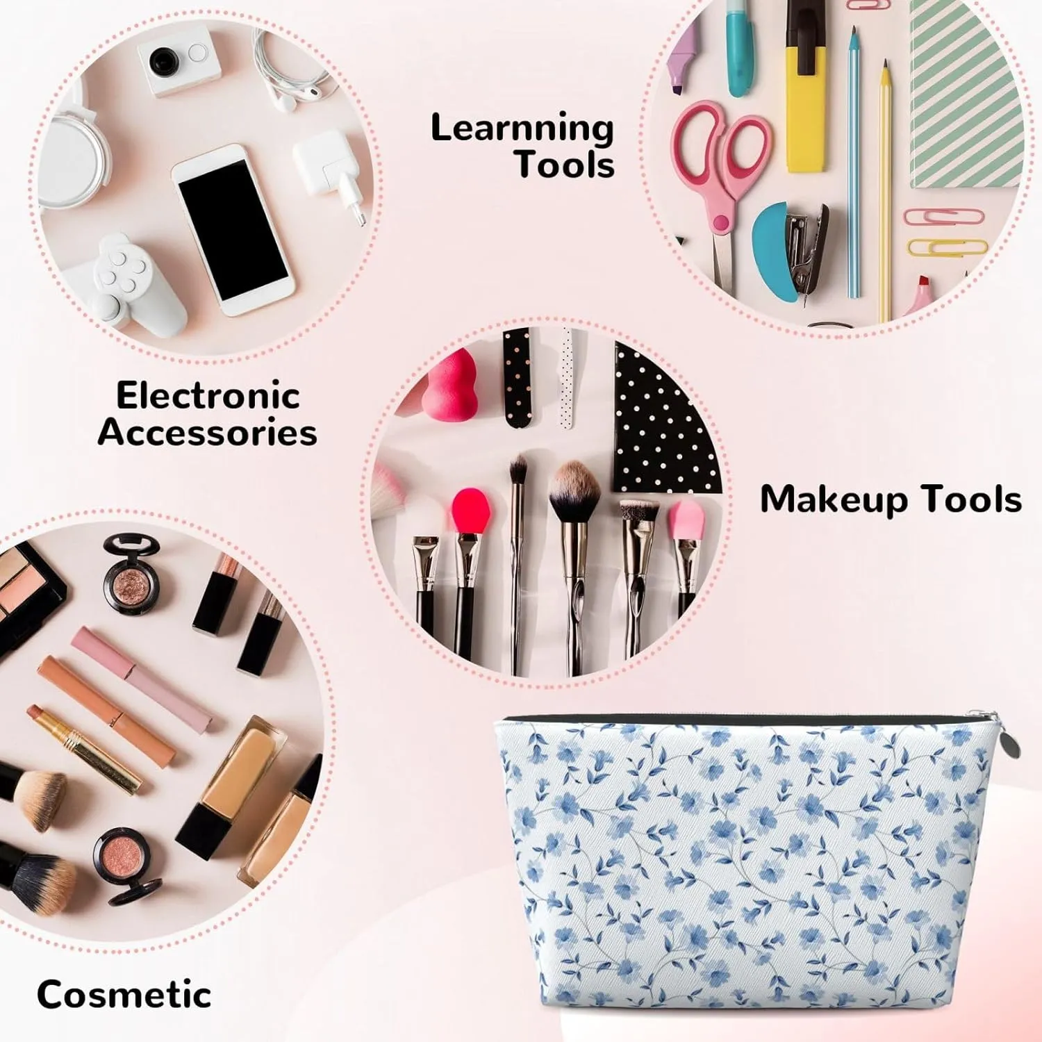 Portable Cosmetic Bag, Travel Zipper Pouch Small Makeup Bag Toiletry Organizer for Women - Blue Flowers