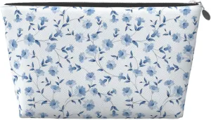 Portable Cosmetic Bag, Travel Zipper Pouch Small Makeup Bag Toiletry Organizer for Women - Blue Flowers