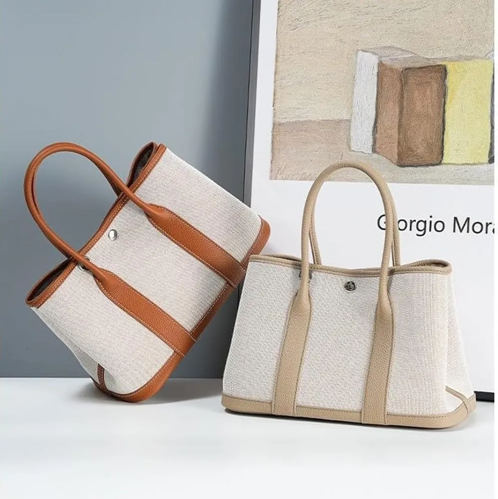 Portable Cowhide tote for women,Women's Bag Garden,Canvas With Top Layer Cowhide Countercolor Shoulder Tote Bag