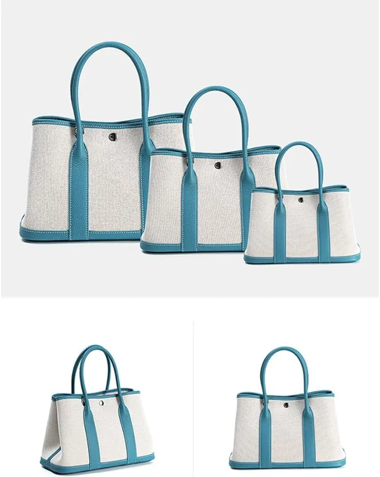 Portable Cowhide tote for women,Women's Bag Garden,Canvas With Top Layer Cowhide Countercolor Shoulder Tote Bag
