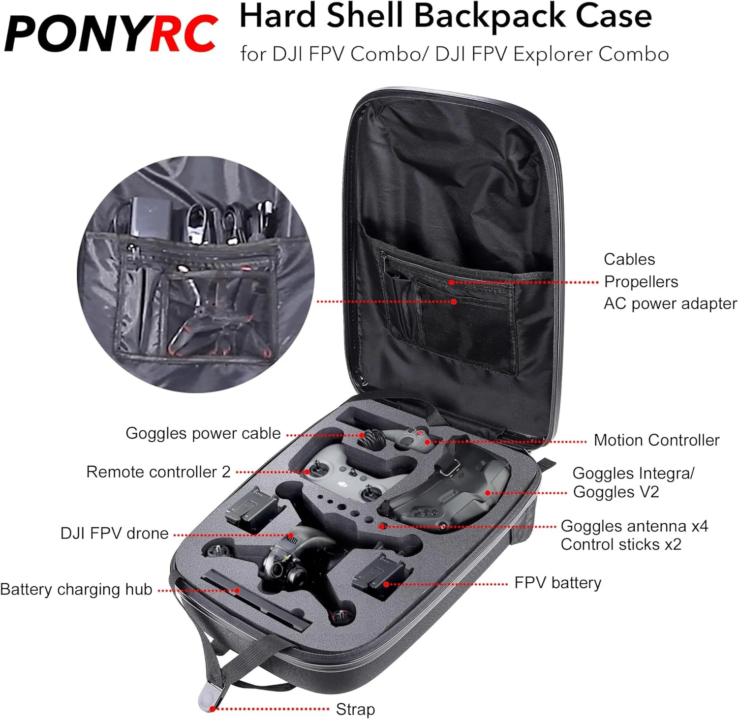 Portable Hard Case for DJI FPV Combo, Waterproof Shockproof Backpack Bag for DJI FPV Explorer Combo, Goggles V2/ Goggles Integra, Remote Controller 2, Motion Controller, Battery & Accessories