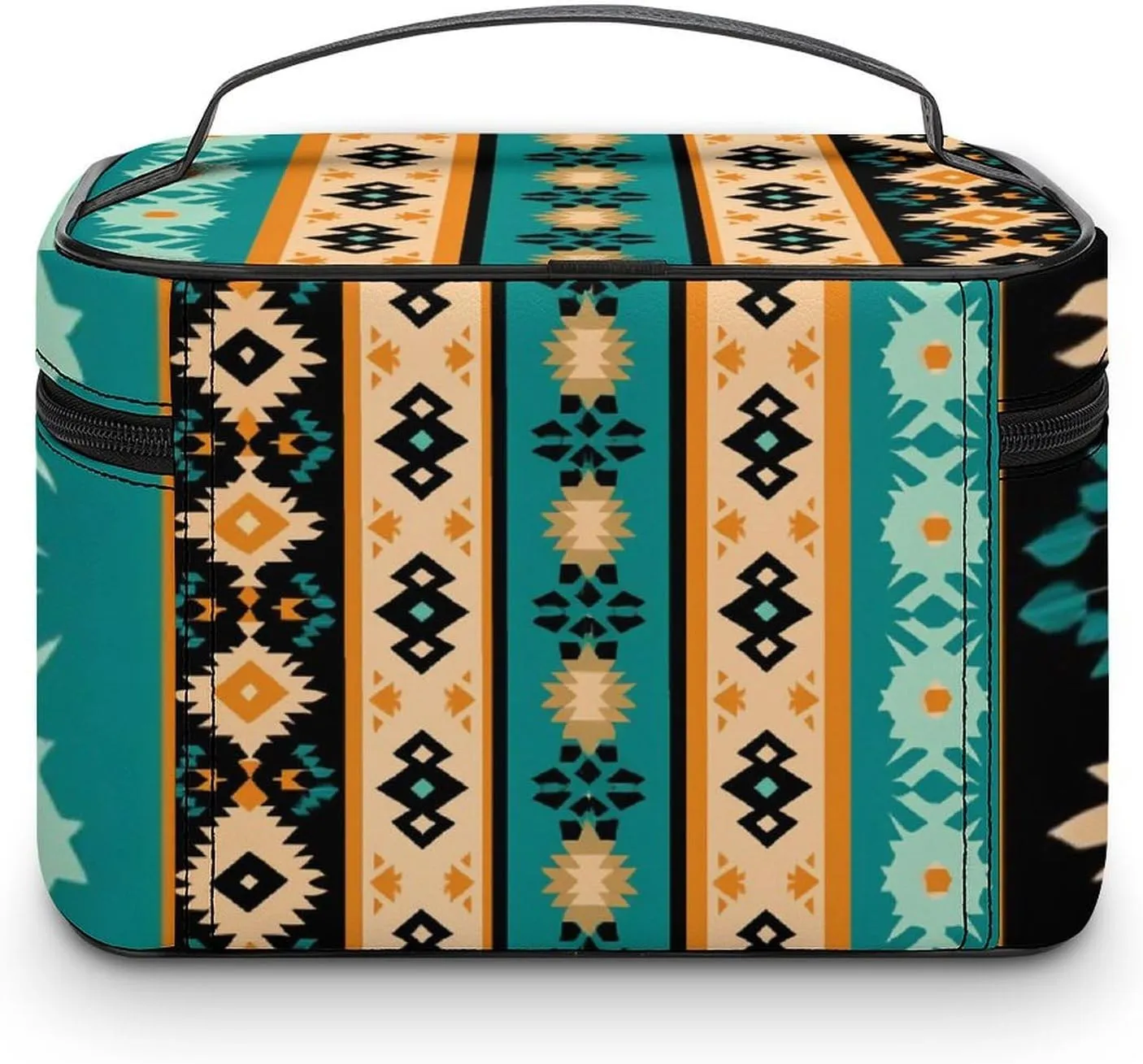 Portable Large Makeup Organizer Case for Women, Tribal Navajo Aztec Geometric Ethnic Pattern Toiletry Brushes Storage Bag Travel Cosmetic Accessories