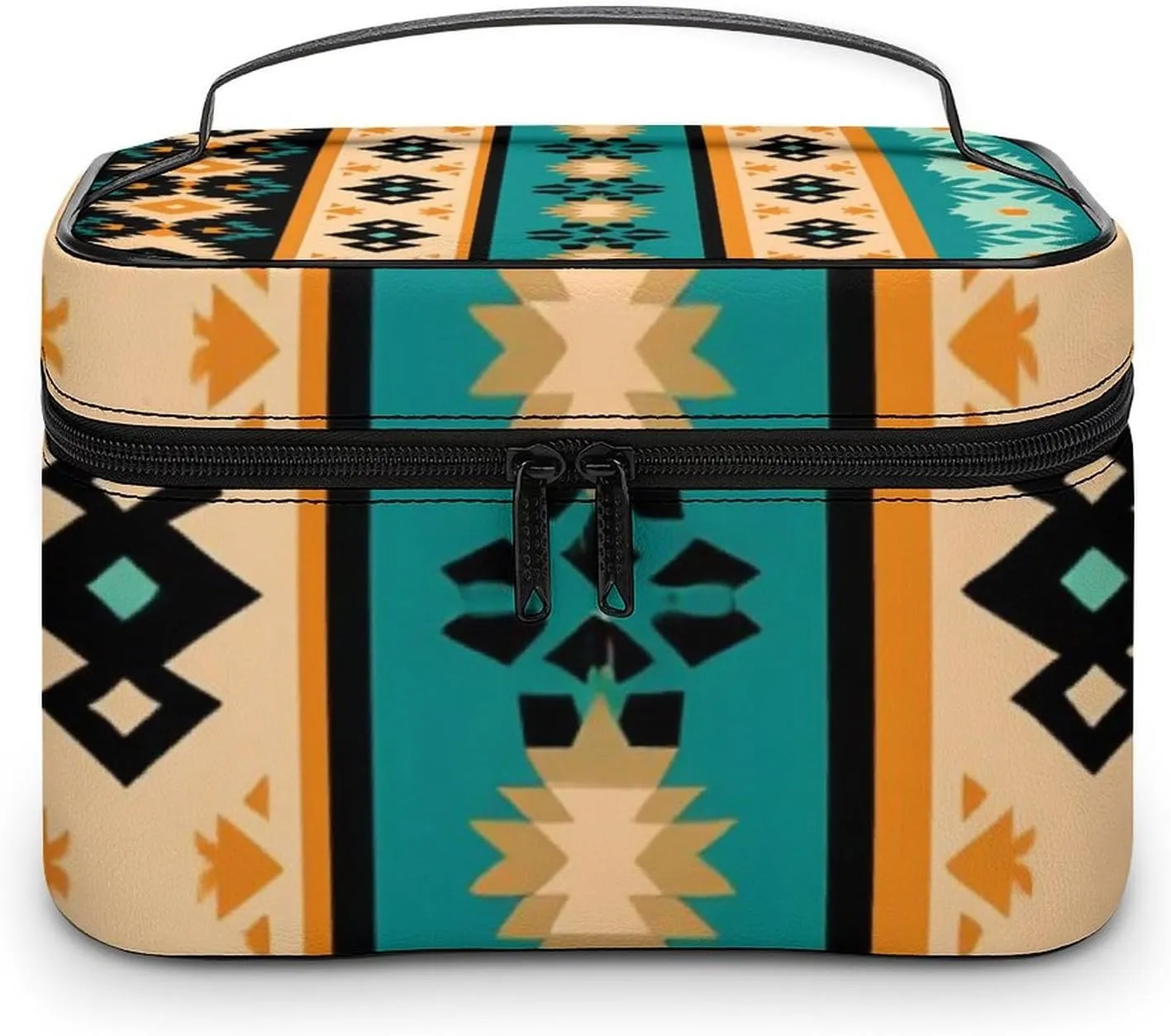 Portable Large Makeup Organizer Case for Women, Tribal Navajo Aztec Geometric Ethnic Pattern Toiletry Brushes Storage Bag Travel Cosmetic Accessories