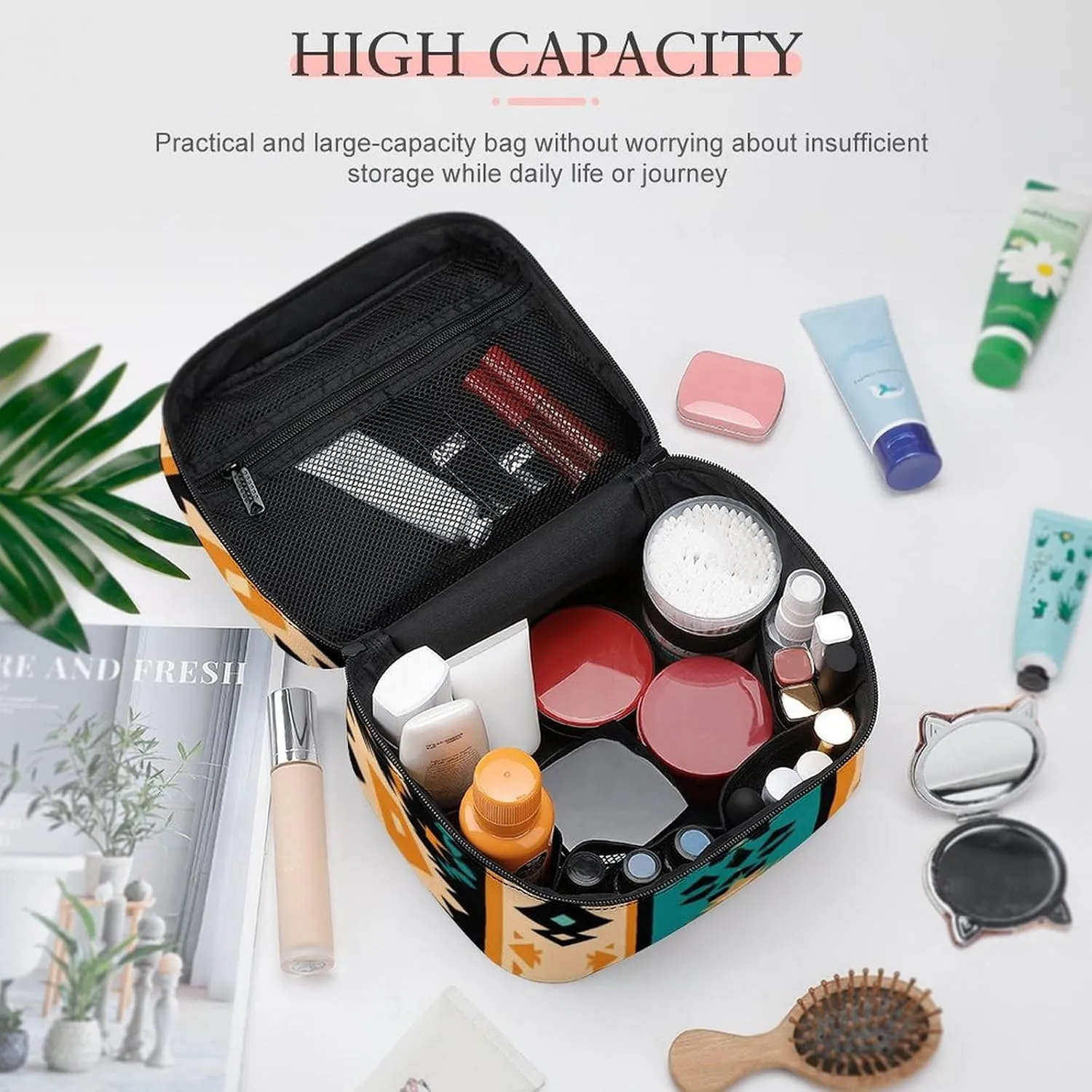 Portable Large Makeup Organizer Case for Women, Tribal Navajo Aztec Geometric Ethnic Pattern Toiletry Brushes Storage Bag Travel Cosmetic Accessories