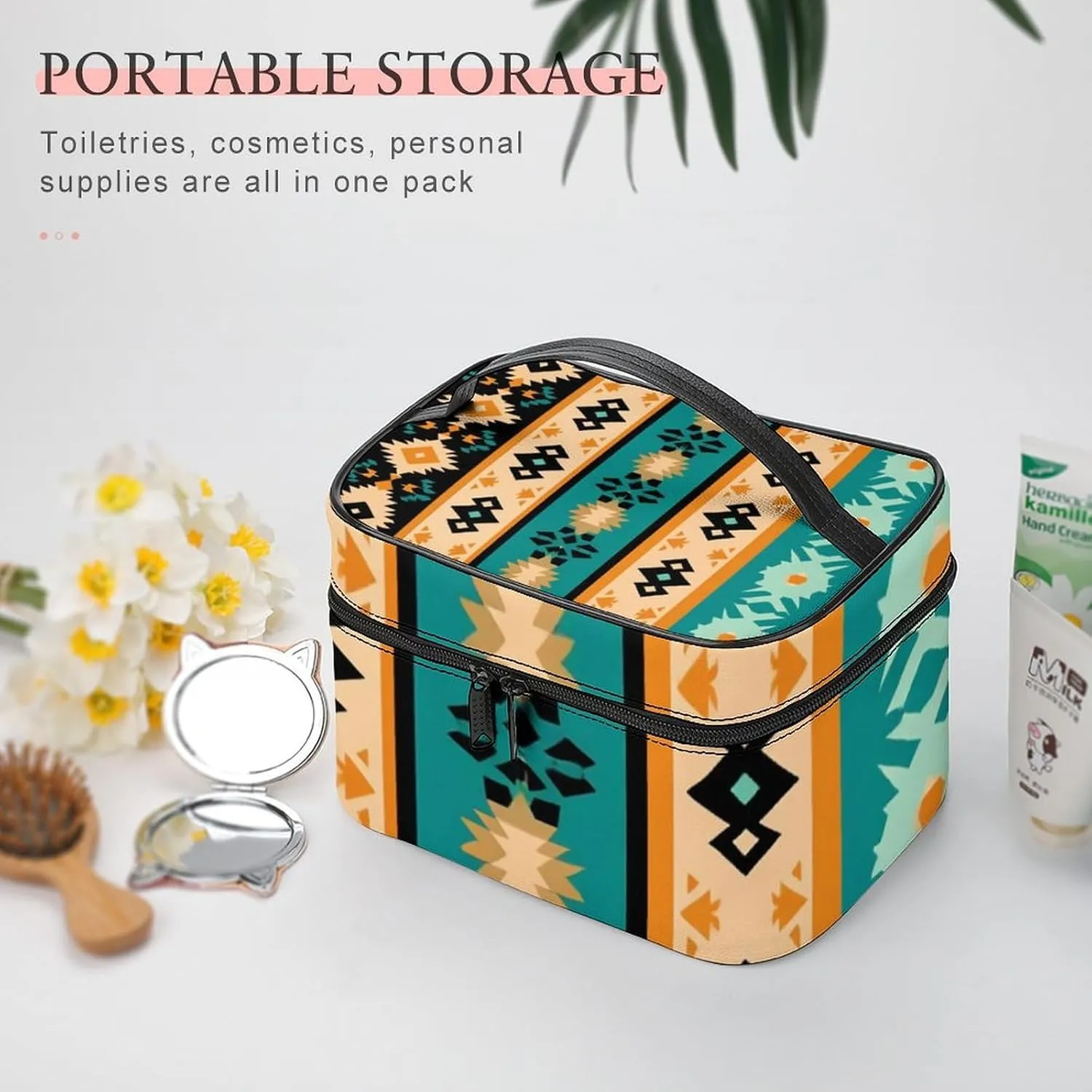 Portable Large Makeup Organizer Case for Women, Tribal Navajo Aztec Geometric Ethnic Pattern Toiletry Brushes Storage Bag Travel Cosmetic Accessories