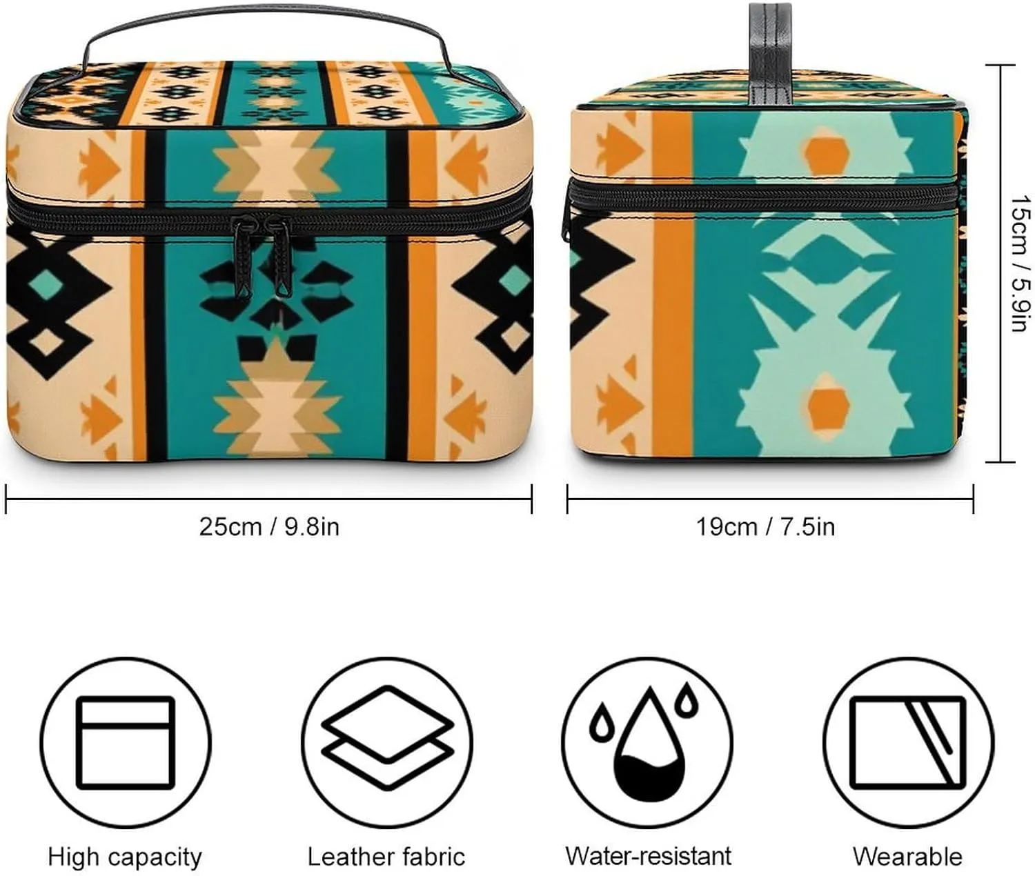 Portable Large Makeup Organizer Case for Women, Tribal Navajo Aztec Geometric Ethnic Pattern Toiletry Brushes Storage Bag Travel Cosmetic Accessories