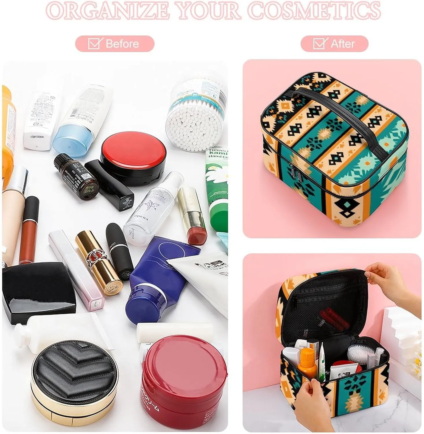 Portable Large Makeup Organizer Case for Women, Tribal Navajo Aztec Geometric Ethnic Pattern Toiletry Brushes Storage Bag Travel Cosmetic Accessories