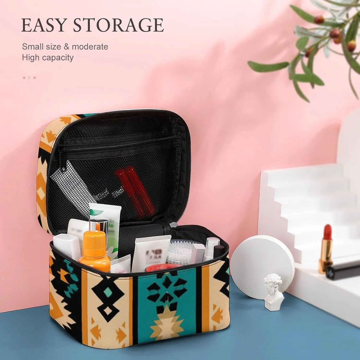 Portable Large Makeup Organizer Case for Women, Tribal Navajo Aztec Geometric Ethnic Pattern Toiletry Brushes Storage Bag Travel Cosmetic Accessories