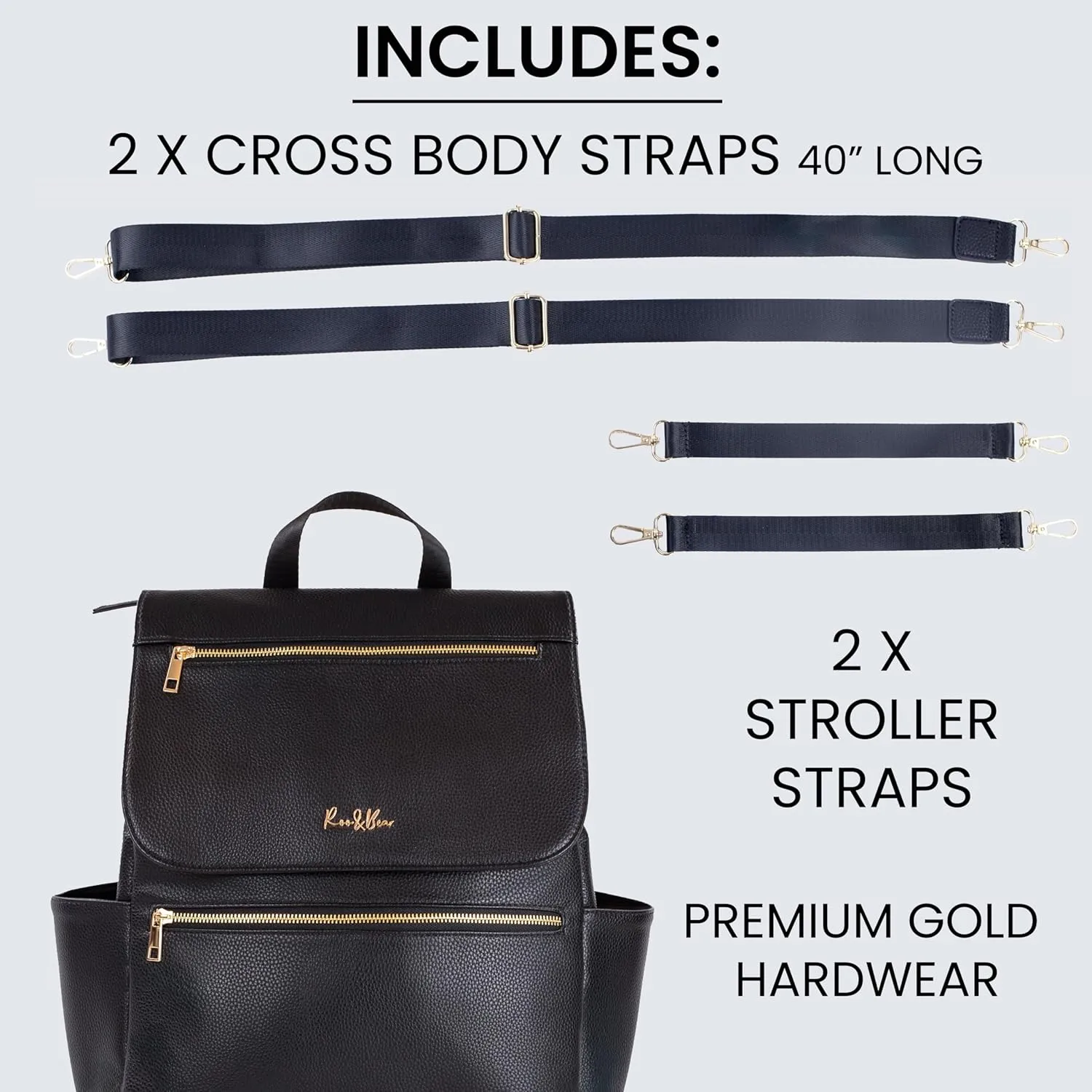 Premium Vegan Leather Diaper Bag Backpack – Large Designer Baby Bag, Stylish Diaper Backpack with Stroller & Crossbody Straps & Multiple Compartments (Black)