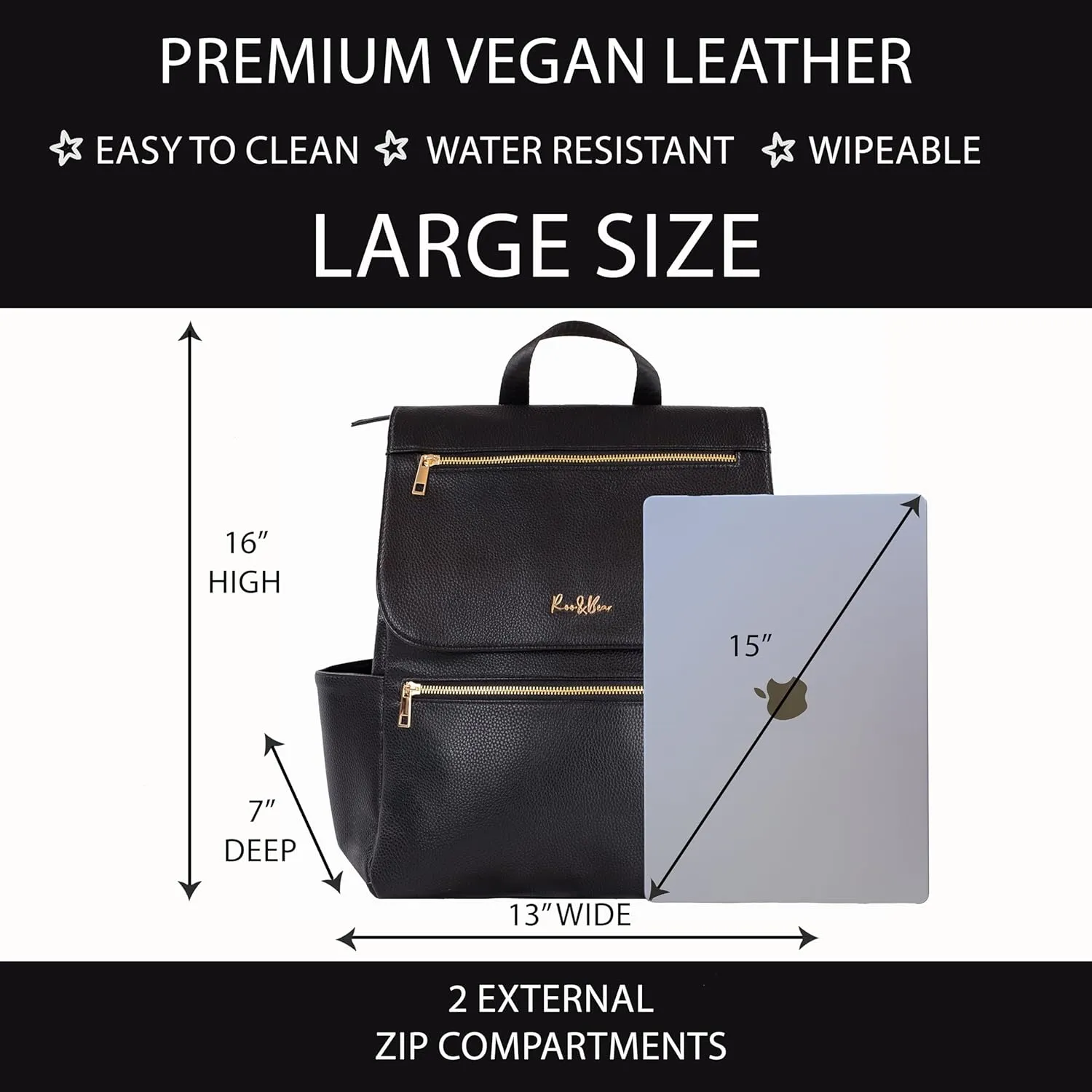 Premium Vegan Leather Diaper Bag Backpack – Large Designer Baby Bag, Stylish Diaper Backpack with Stroller & Crossbody Straps & Multiple Compartments (Black)